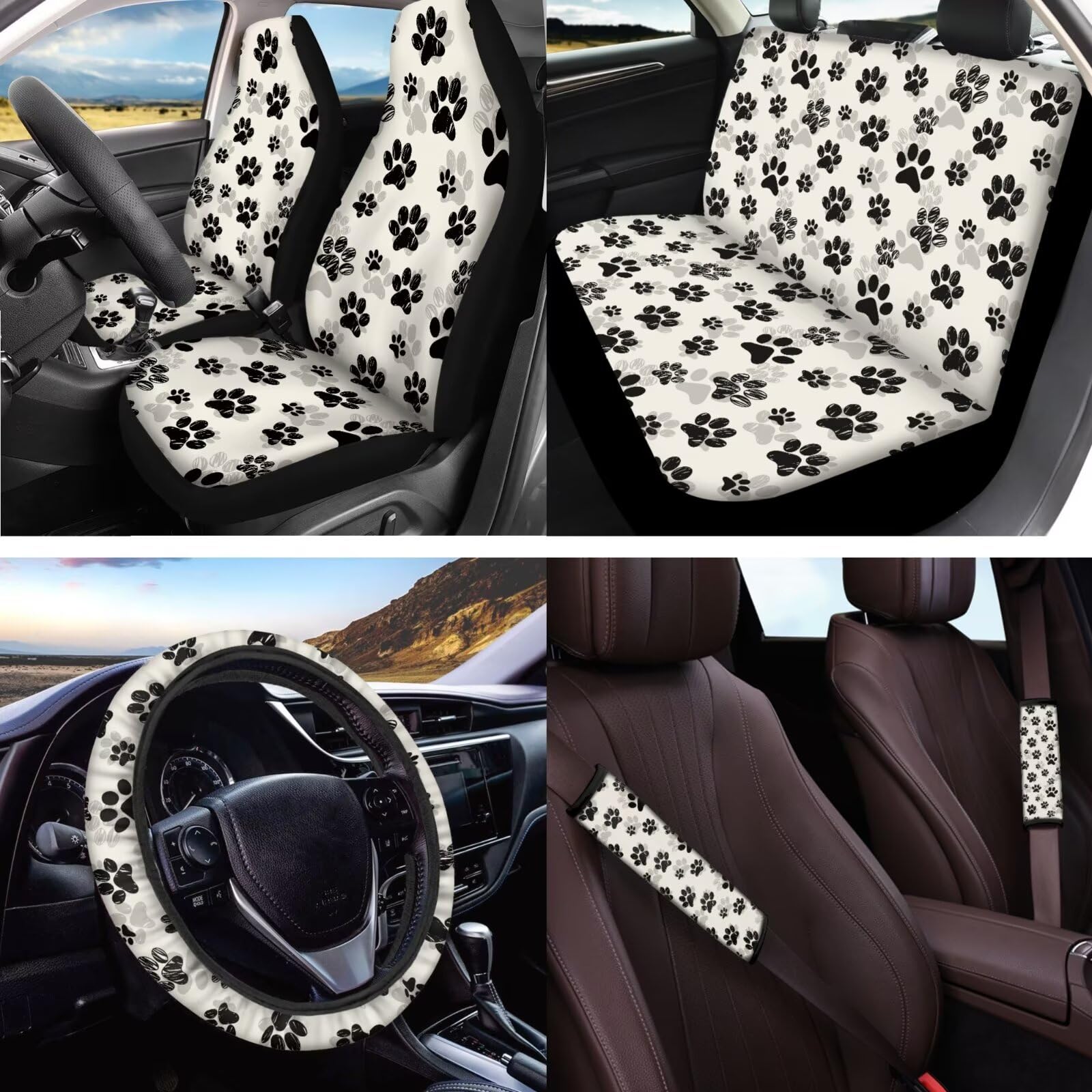 JOAIFO Paw Print Car Seat Covers Full Set for Women Cute Car Accessories Interior,Universal Seat Covers with Steering Wheel Cover and Seat Belt Cover Pad for SUV Trucks Sedan