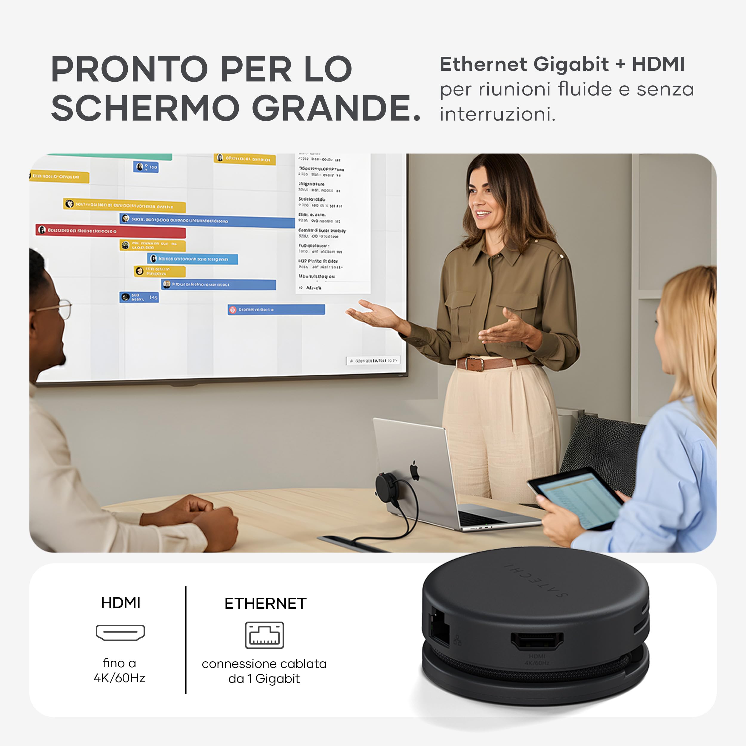 SATECHI OntheGo™ Hub USB-C Magnetico 7 in 1 con Cavo Avvolgibile, PD 100W, HDMI 4K@60Hz, Ethernet, 2×USB-A 5 Gbps, SD/microSD per MacBook Neo/Air/Pro, Laptop e iPad – Nero | PD 100 W, Gigabit Ethernet, due porte tipo A 5 Gbps, lettore SD/microSD, cavo a s