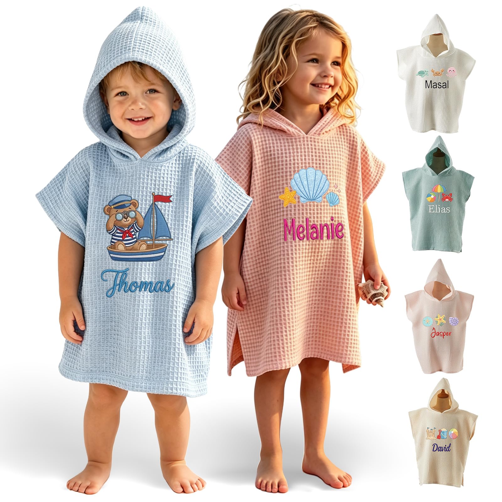 Personalisiertes Handtuch-Poncho Kinder, Strandtuch Stickerei Name, Baumwollwaffel, Kapuze Surf Pool Schwimmen Bad, Sommergeschenk Jungen Mädchen Geburtstag