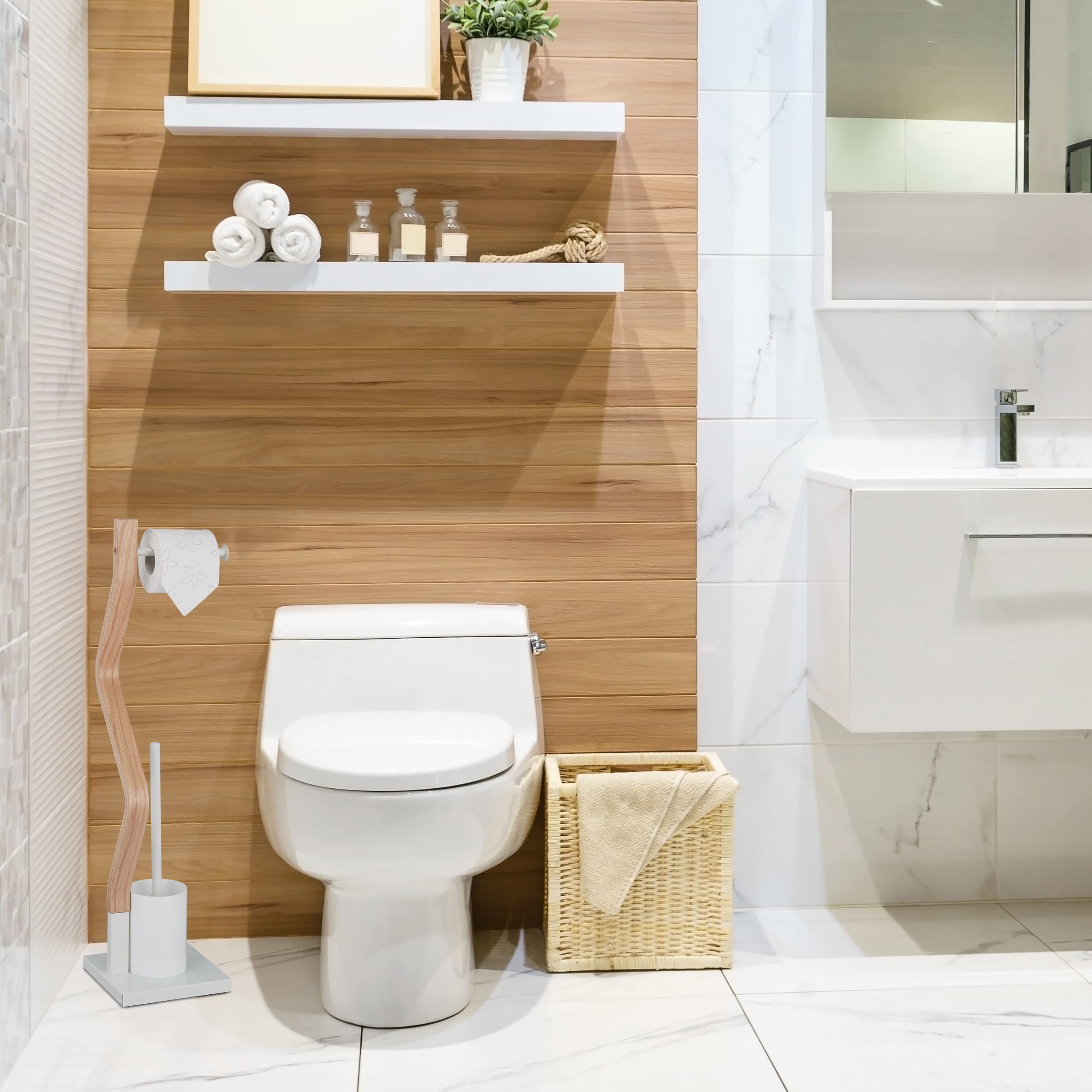 Relaxdays Piantana Portarotolo e Scovolino, Portascopino, WC, Bagno, Acciaio e MDF, HLP 75x18,5x18,5 cm, Bianco Naturale