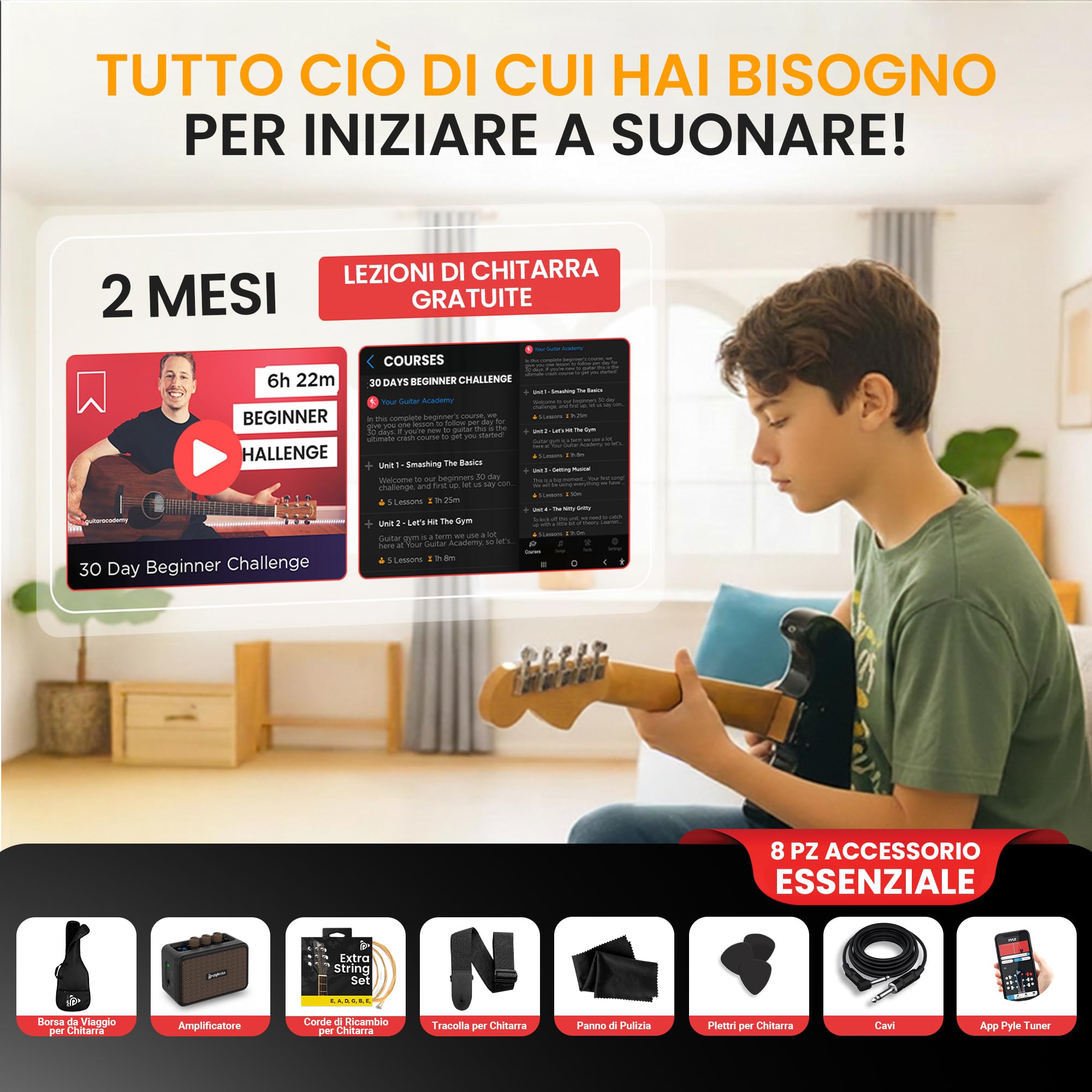 Pyle Chitarra Elettrica 99 cm con Amplificatore Bluetooth, Chitarra Kit Completo, Guitar con Cavo Jack 6,35 mm, Custodia, Cinghia, Corde, Plettri, Pickup ST, Blu Sfumato