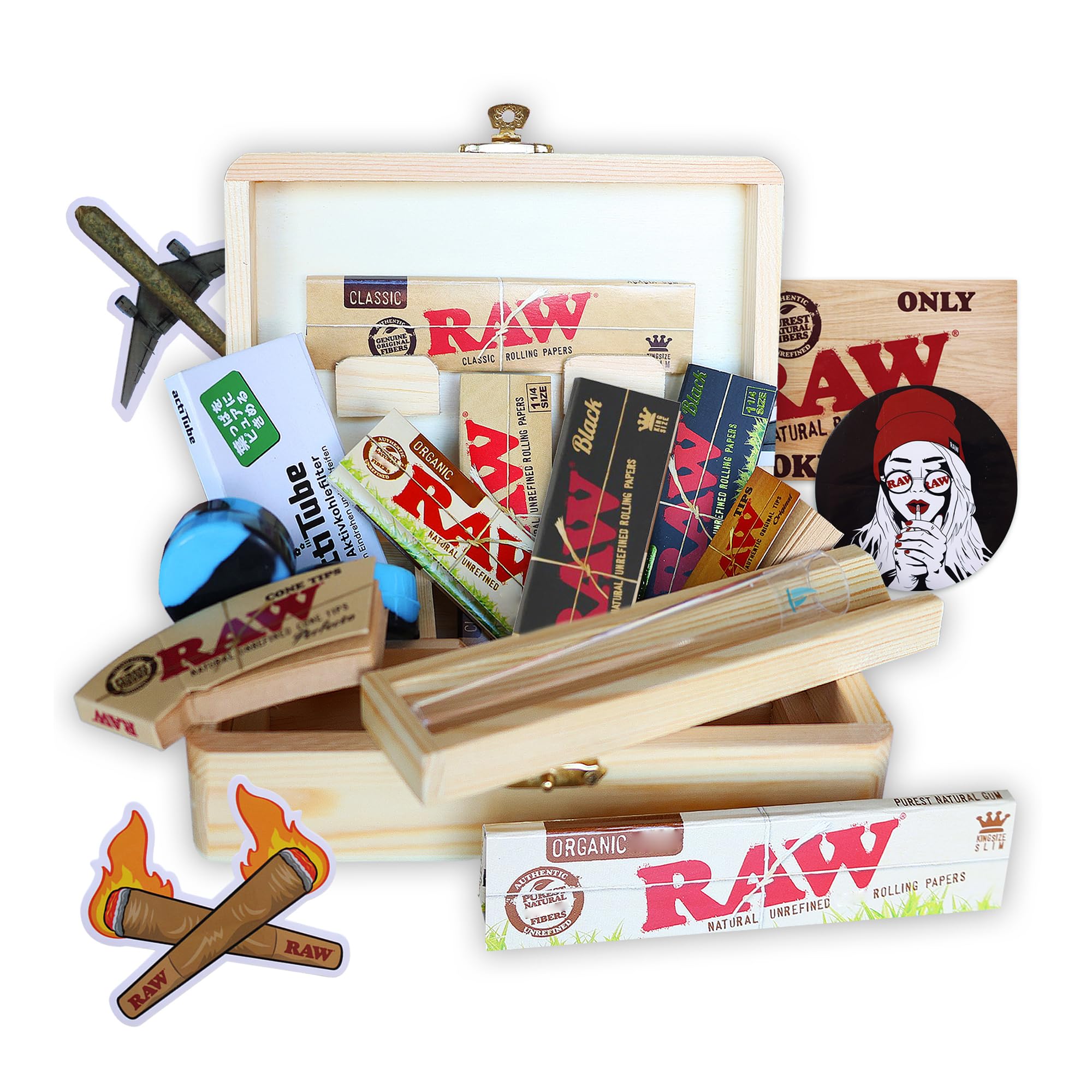 Boîte en bois pour le stockage 16 x 12 x 5 – Kit pour fumeurs + Accessoires pour cigarettes : Papier à rouler Raw + Bulldog + Actitube + Wax + 4 x autocollant