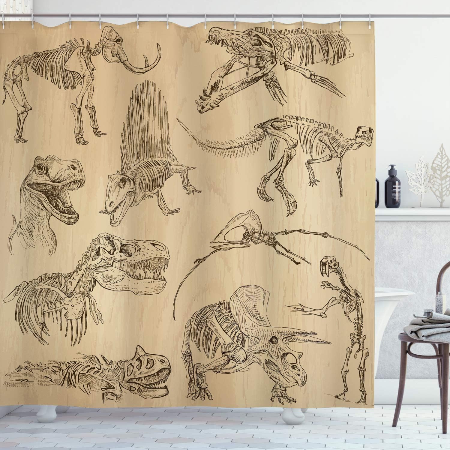 Lunarable Dinosaur Shower Curtain, Hand Drawn Style Skeletons Bones from Medieval Times Archeology Theme, Cloth Fabric Bathroom Decor Set with Hooks, 69" W x 70" L, Sand Brown Army Green