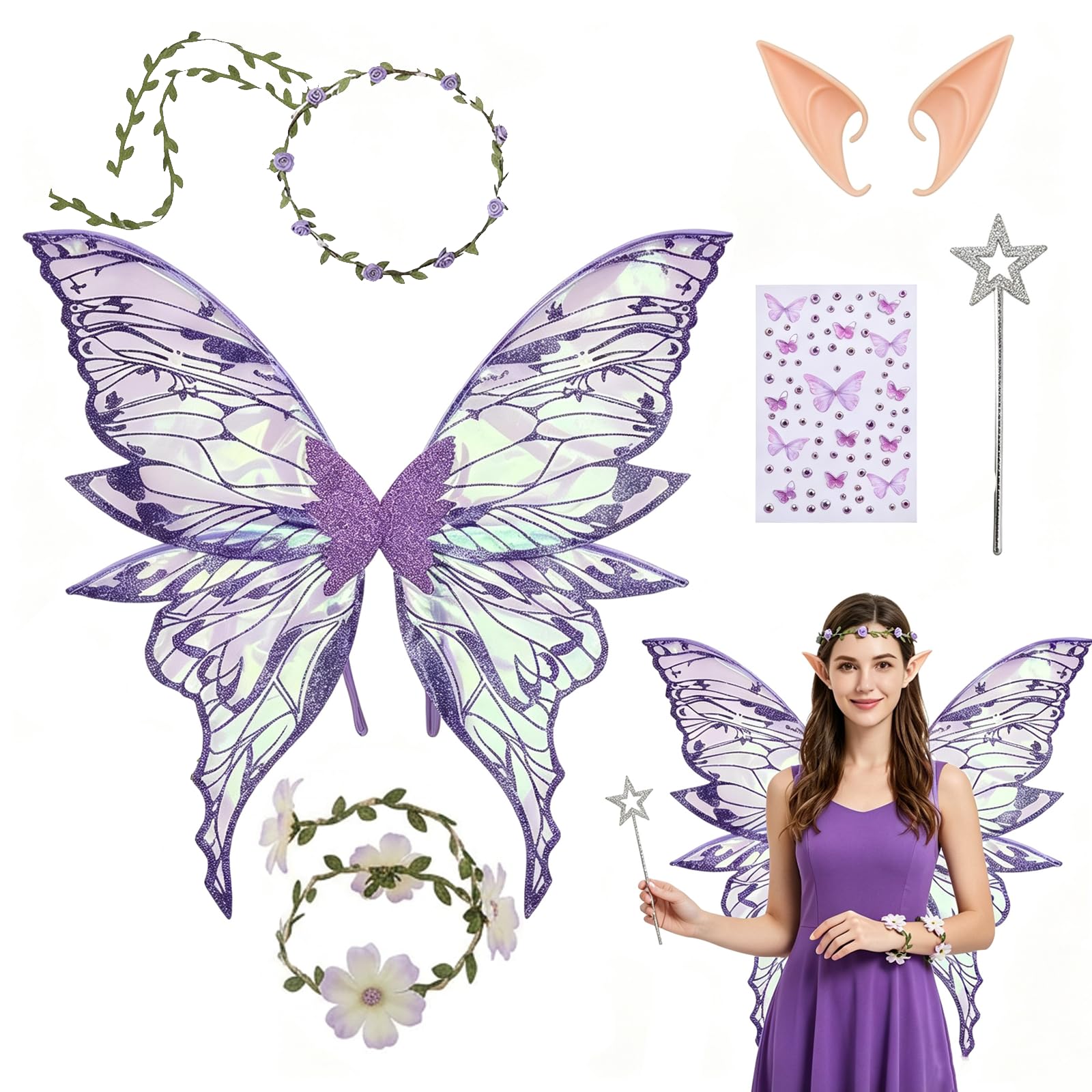 KAZGVN Purple Fairy Wings 6-Piece Set, Fairy Costume for Adult Cosplay