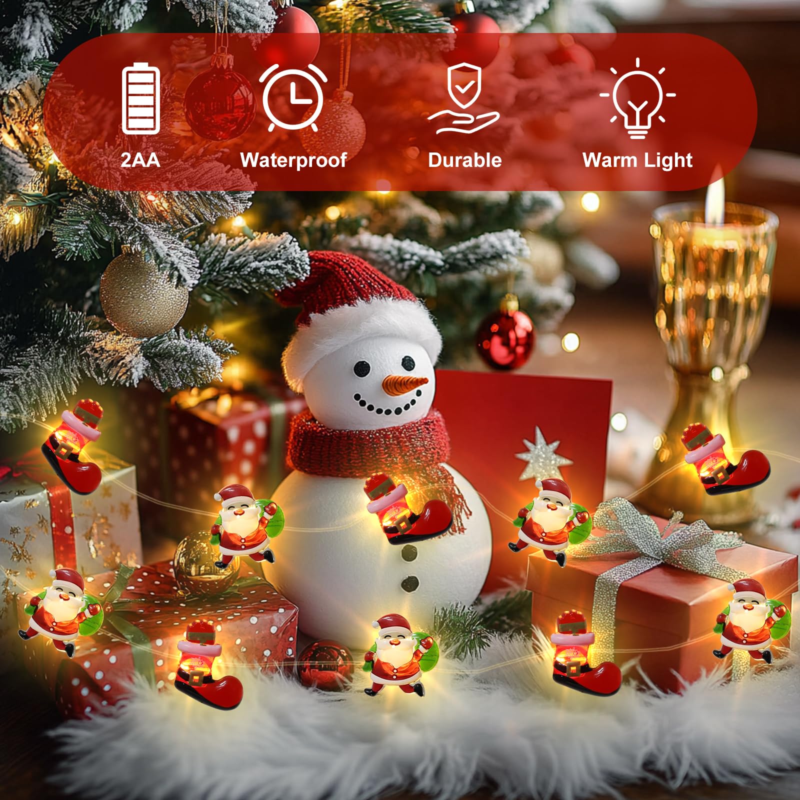 Auting Catena Luminosa Natalizia A Led 2m Con 20 Babbi Natale - Funzione Timer, Luce Bianca Calda, A Batteria Per Interni/Esterni - 6