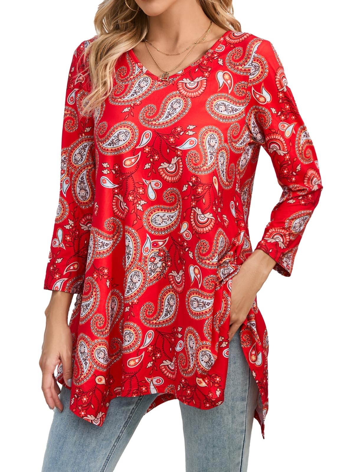 ENMAIN Womens Tunics Tops 3/4 Length Sleeve Plus Size Long Tops to Wear with Leggings Casual Loose Fit Dressy Flowy Blouses