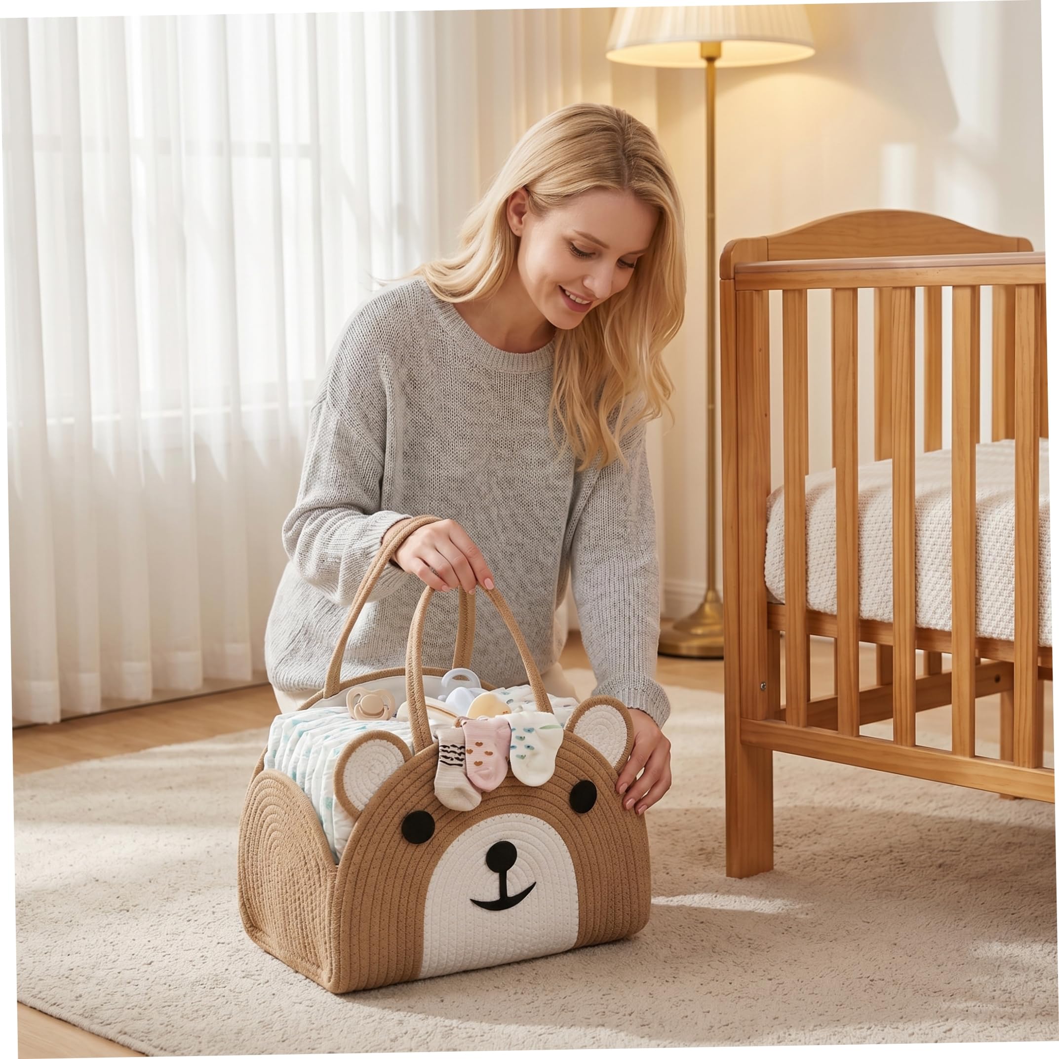 Baby Caddy - Organizador de pañales para bebé, cuerda de algodón, elegante bolsa de almacenamiento para guardería para ducha y viajes, marrón, 32 x 22 x 20 cm