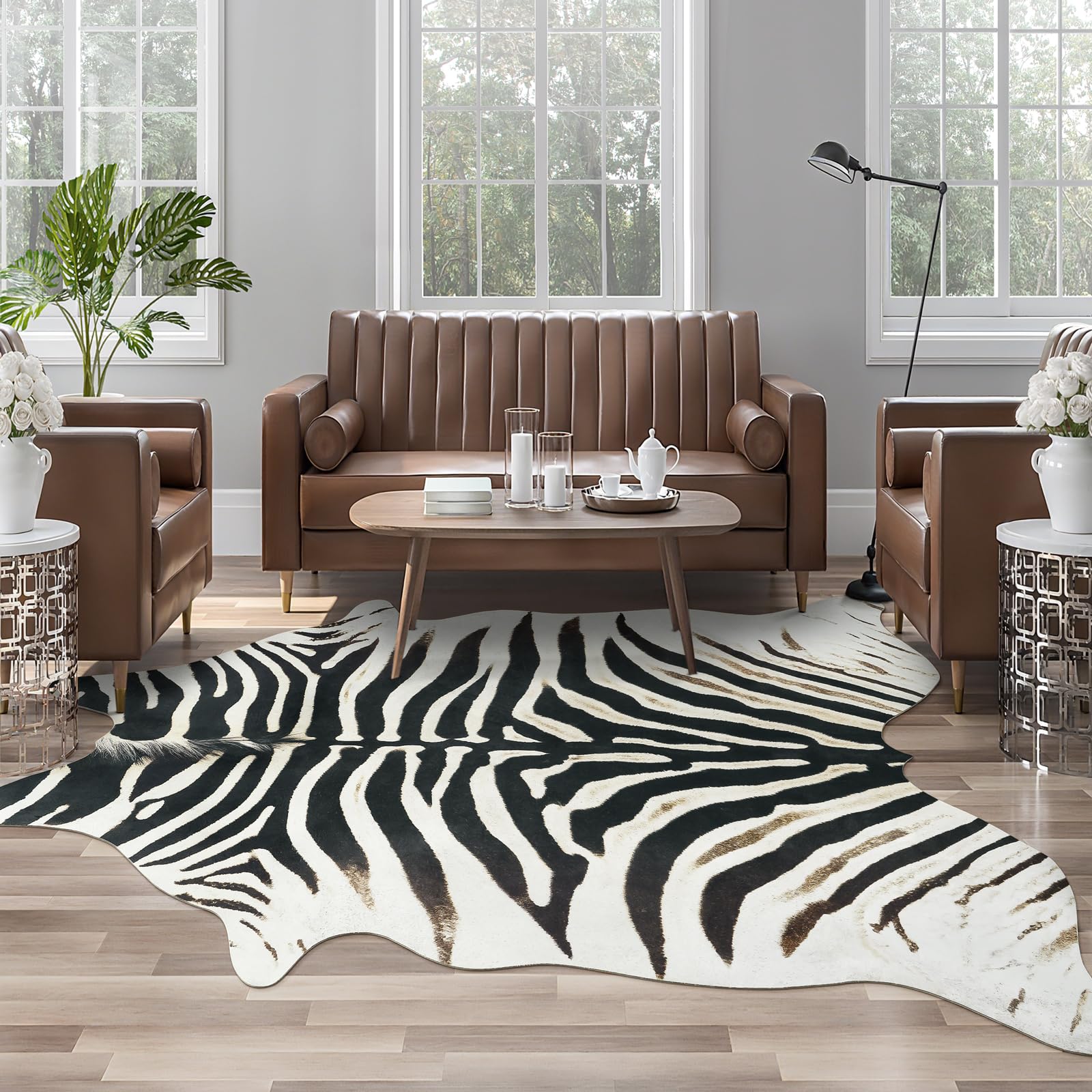 AROGAN Western Faux Fur Zebra Rug, 4.6 x 5.2 Feet Premium Animal Skin Print Rug, Sturdy Faux Zebra Hide Rugs for Wall Decor, Western Floor Carpet for Bedroom Living Room, Black and White — image 1