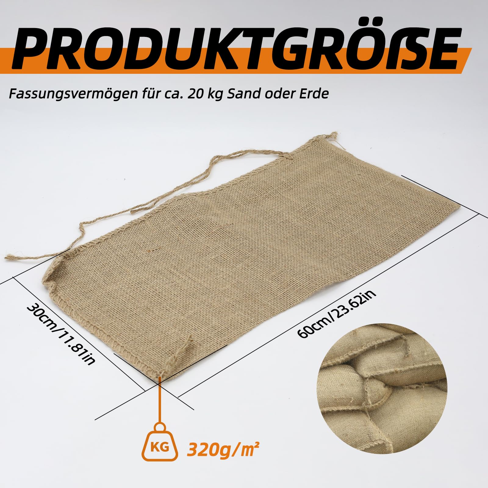 Jutesandsäcke, ungefüllte Hochwassersäcke mit Kabelbindern, robust, belastbar bis zu 20 kg, 30 x 60 cm, 20er-Pack