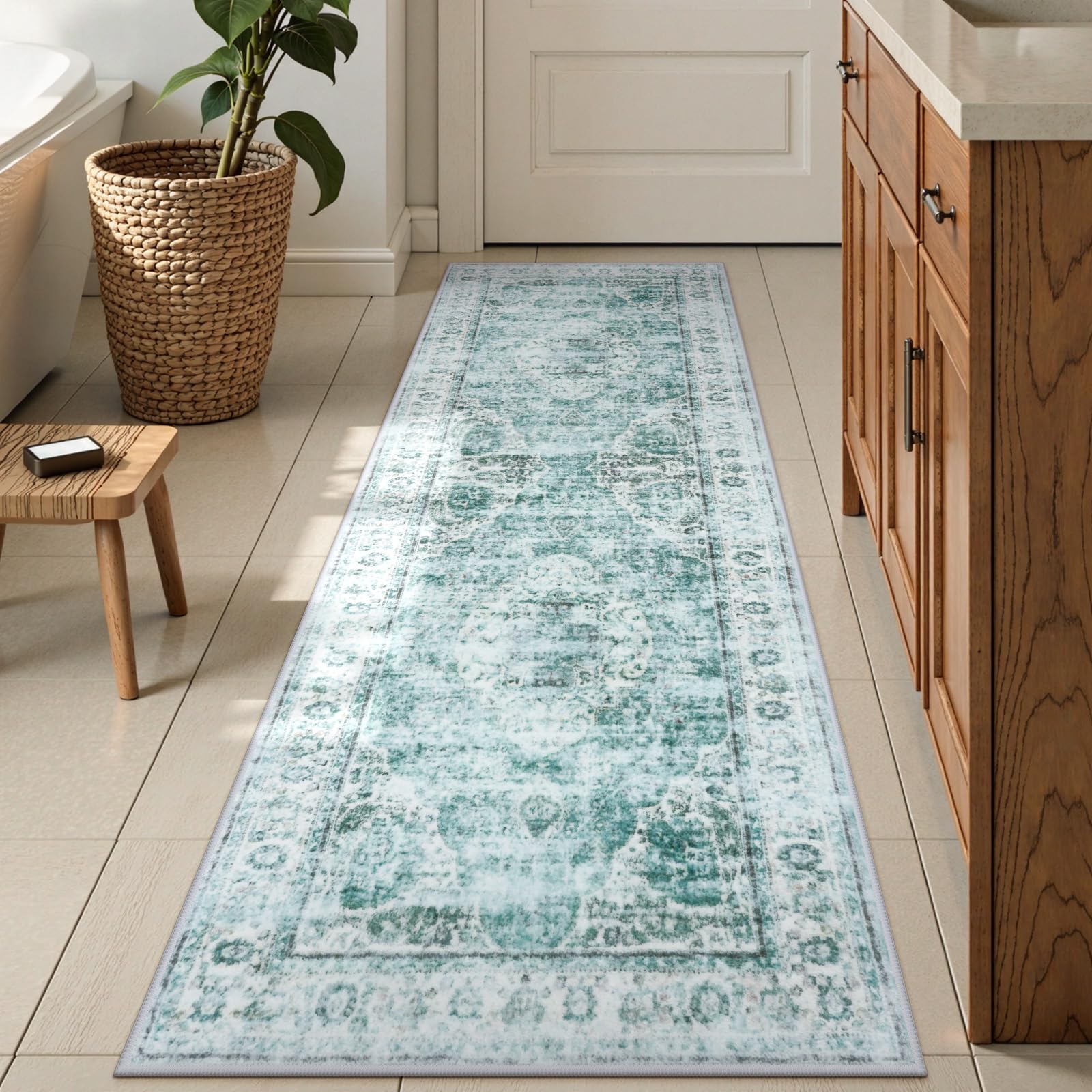 Uphome Bathroom Runner Rug, Distressed Tribal Farmhouse Sage Green Bathroom Mat, Large Bathroom Rugs Non Slip Washable, Oriental Retro Boho Bath Mat