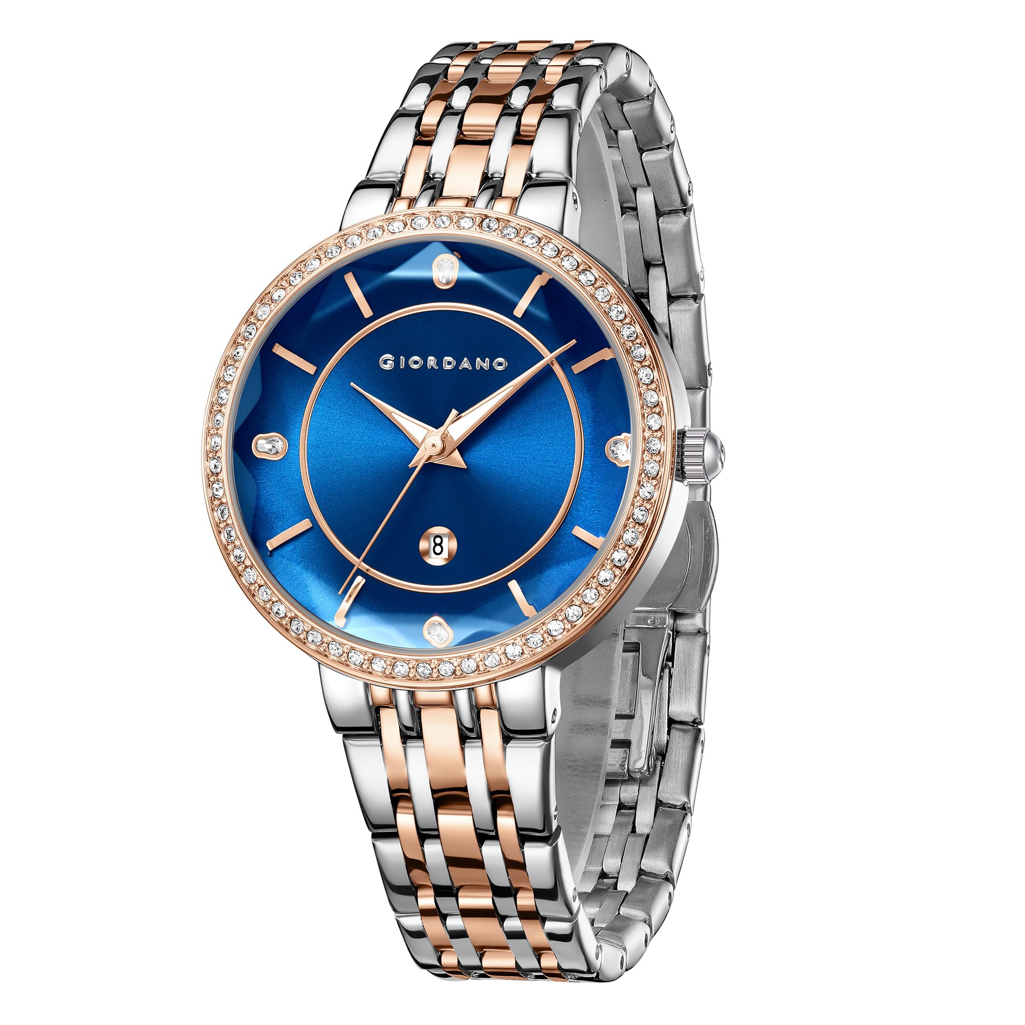 Stylish Analog Quartz Watch for Women – Round Cut Glass Dial, Diamond Studded Bezel, Date Display Function and Stainless Steel Strap - GZ-60110-image-4