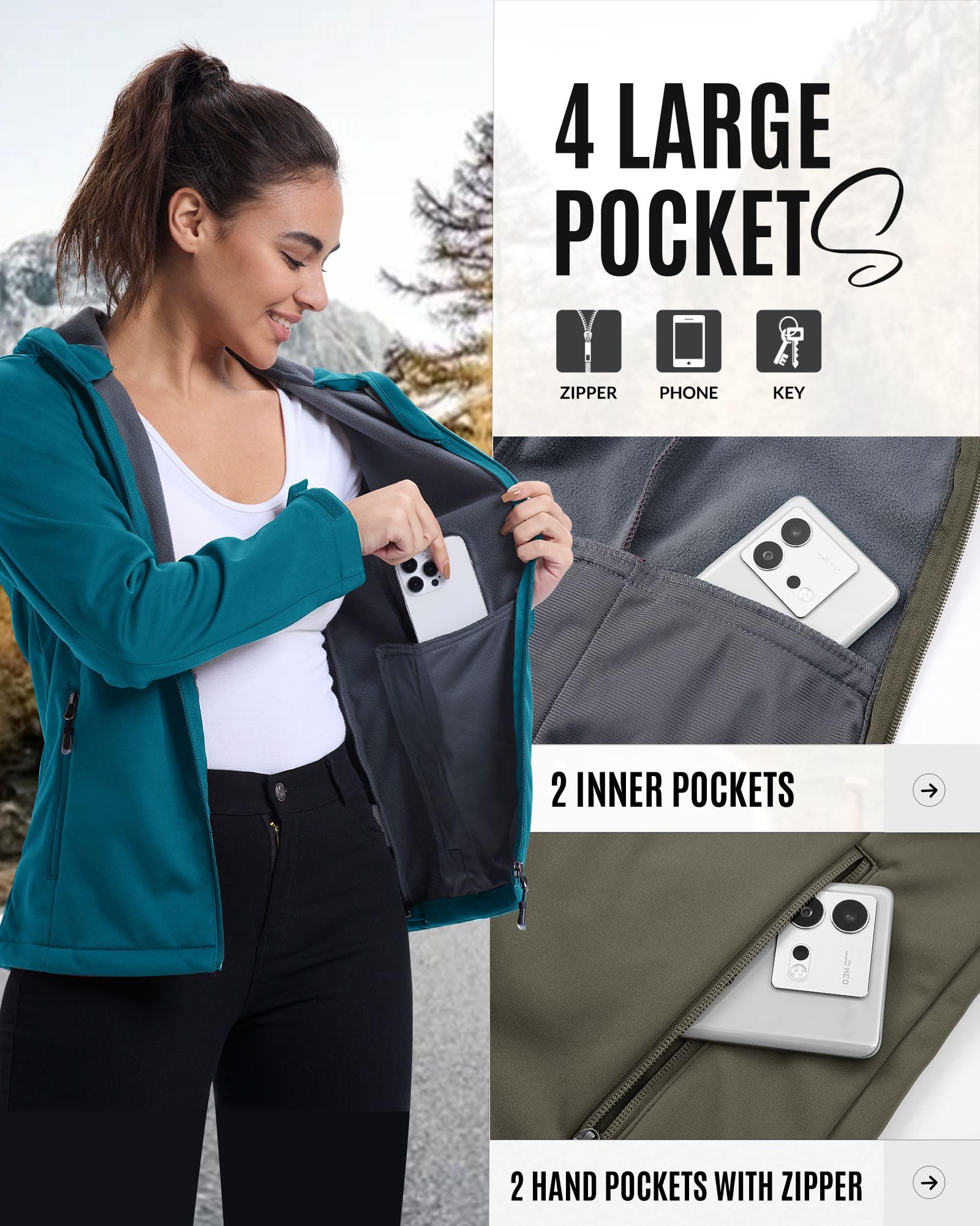 33,000ft Veste softshell doublée en polaire pour femme - Imperméable - Veste fonctionnelle avec capuche - Coupe-vent - Pour le cyclisme, la randonnée