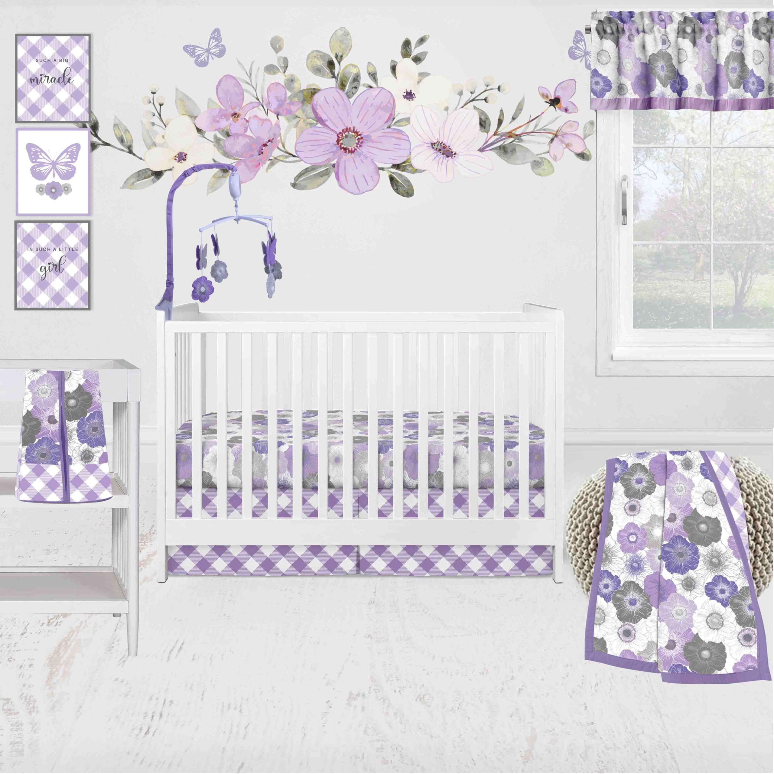 Watercolor Flowers Purple/Gray Girls Crib Bedding Set 10 pc Crib Bedding Set with 2 Crib Fitted Sheets