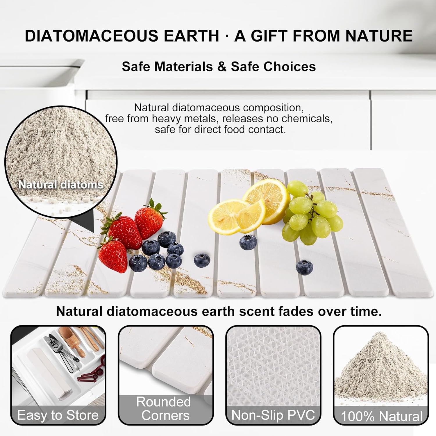 3 PCS Large Stone Dish Drying Mat for Kitchen Counter, Quick Dry Stone Dishes Mats, Sink Faucet Mat, Marble Water Absorbing Diatomaceous Earth Drying Pad for Countertop Tableware, Bottles