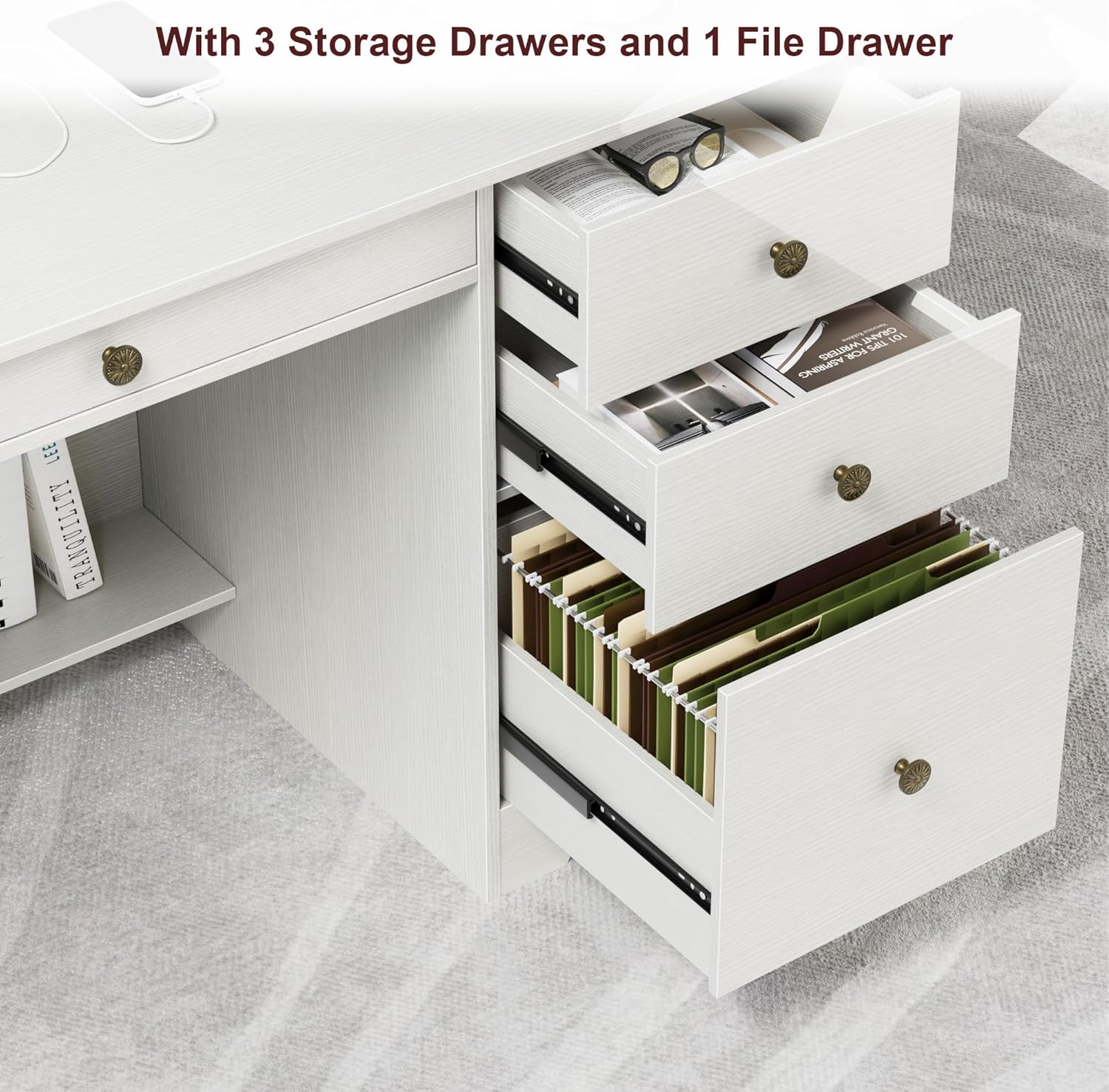TTVIEW Computer Desk with Drawers and Hutch Shelf, Wood Executive Desk Writing Study Table with 43” Wide Tabletop, Small Desk with File Drawer for Home Office Bedroom, White Oak