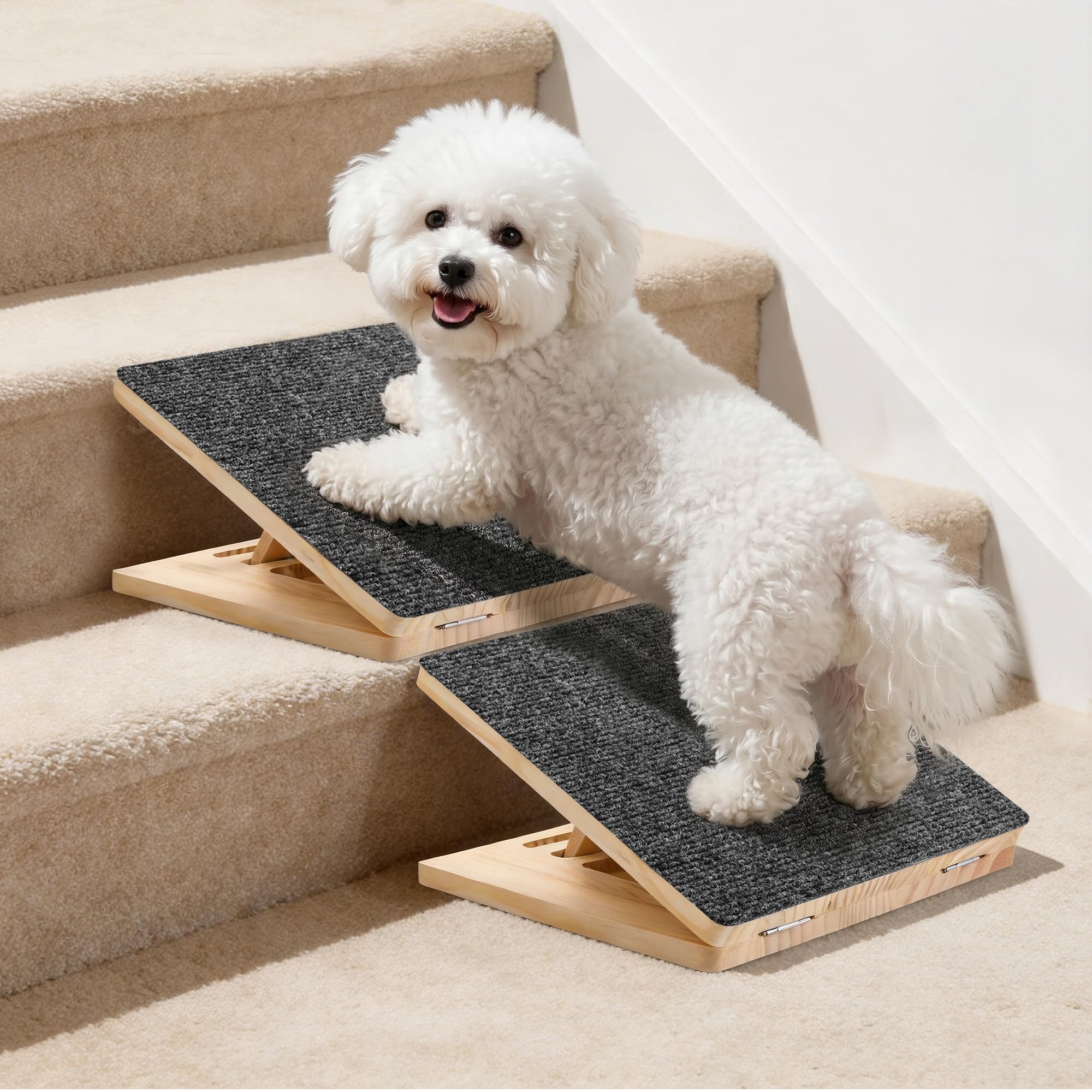 Photo 1 of Dog Ramp for Stairs 4 Pack - Adjustable Wooden Stair Wedges for Small Dogs, Foldable Indoor Dog Stair Ramp with Triangular Support and Non-Slip Pads for Senior and Short-Legged Pets