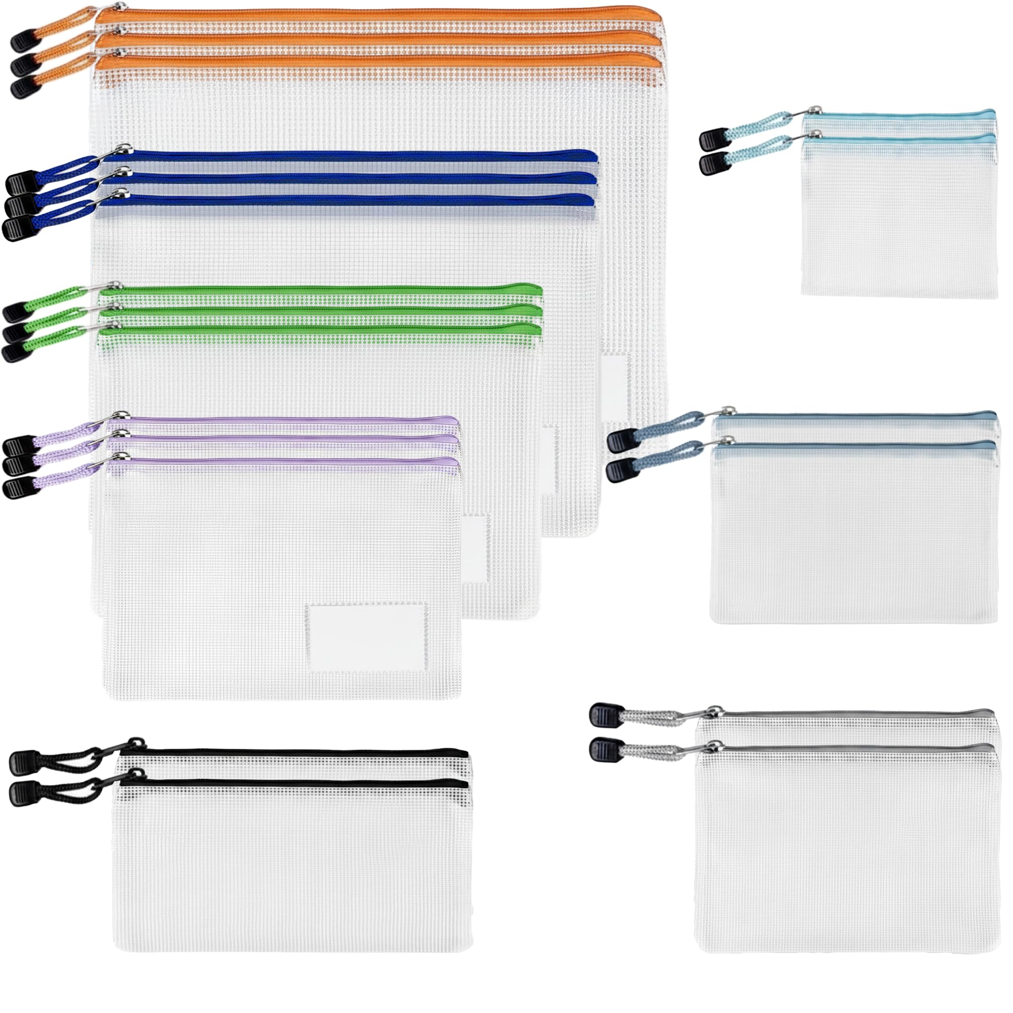 20 Pack Mesh Zipper Bags 8 Sizes Mixed, Plastic Zip-Lock Wallets with Label Pockets, Multi Size Document Storage Pouches for Office, School, Travel & Home