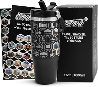 50 States Water Bottle Cupholder-Friendly Travel Tracker – 32oz Stainless Steel with 2 Sets of Waterproof Full-Color Stickers
