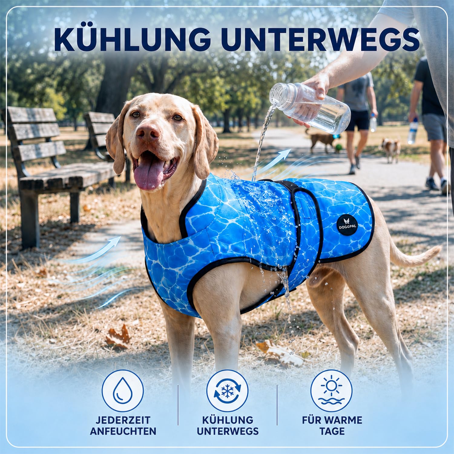 DOGOPAL Kühlweste Hund, Kühljacke für Hunde mit Wasseraktivierung & UV-Sonnenschutz für heiße Tage, Leichte Atmungsaktive Sommer-Hundeweste mit Stehkragen für Gassi & Outdoor (Blau, XL)