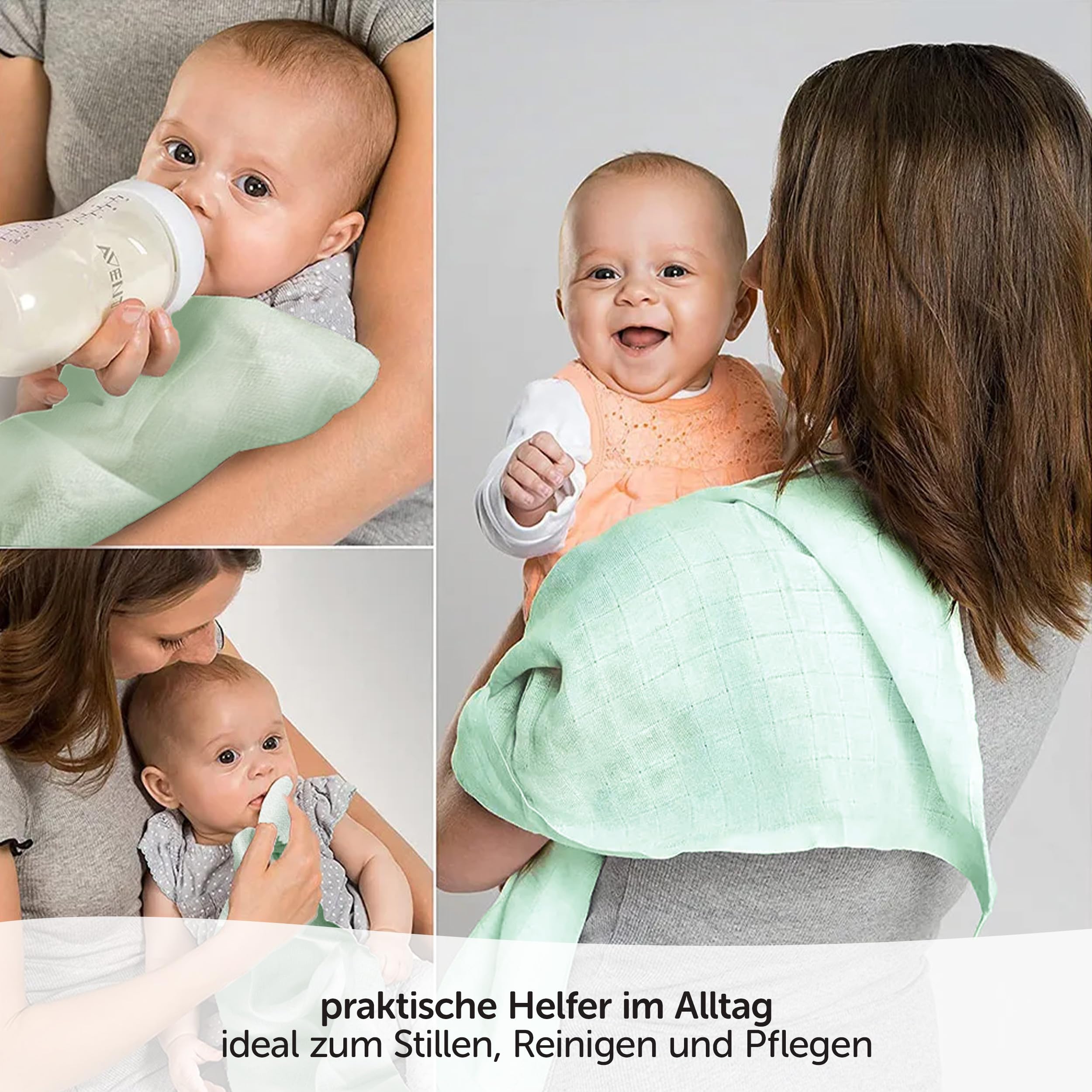 MAKIAN 8 Stück Baby Mullwindeln 80x80 cm Set - Spucktücher/Mulltücher doppelt gewebt, weich aus 100% Baumwolle, Oeko-TEX® Standard 100 geprüft, maschinenwaschbar - Mint Blau Weiß