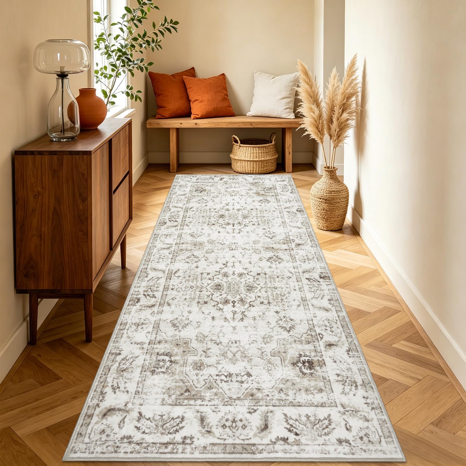 Homcomodar Vintage Teppiche Wohnzimmer Großer Teppich Waschbar Boho Teppiche Weiche Kurzflor Teppich Schlafzimmer für Esszimmer Küche