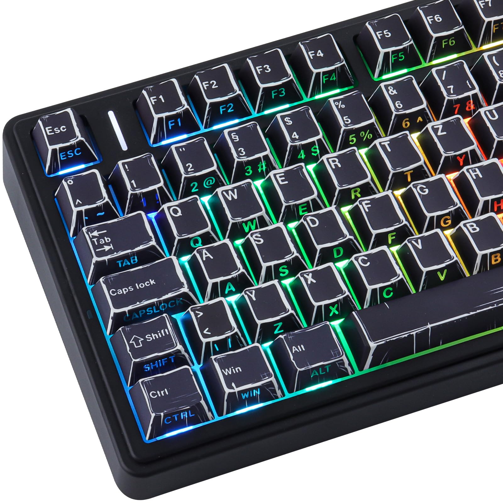 PBT Keycaps 128 touches Manga Black Keycaps, style rétro imprimé sur le côté brillant Through Dye Sub Custom Keycaps for Cherry MX Switch German QWERTZ Layout Mechanical Keyboards