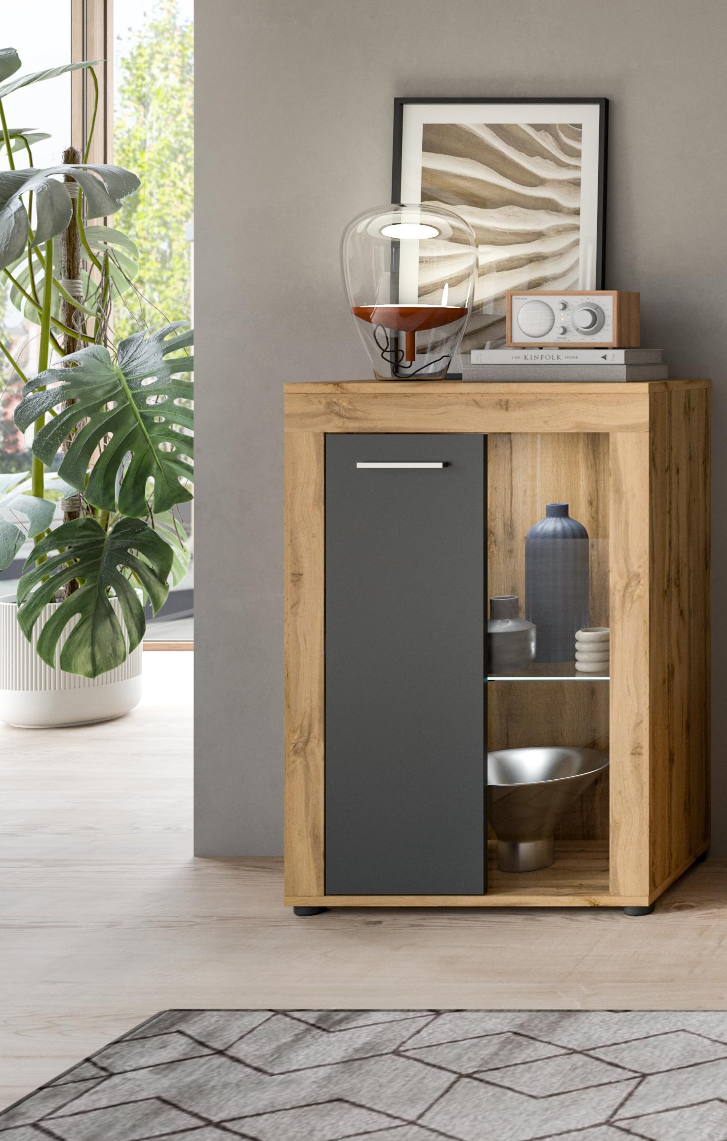 xonox.home Wohnen Jam X8BN1T40 - Vitrina de Cristal (600 x 86 x 35 cm), Color Roble Wotan y Gris