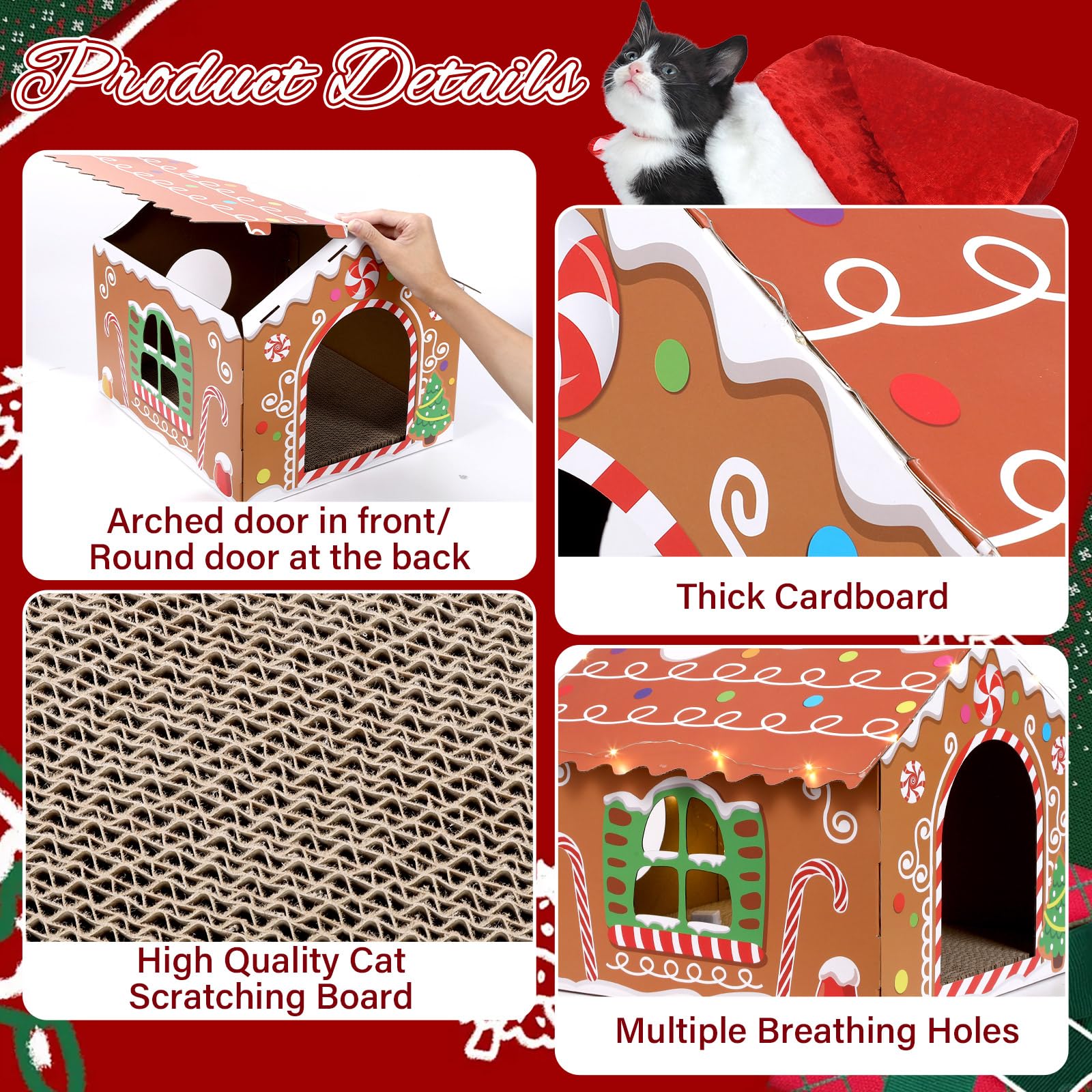 Casetta natalizia per gatti in cartone con luce a LED, tiragraffi con pan di zenzero, casetta per gatti di Natale, 39,9 x 34 x 32 cm, tiragraffi per gatti da interni