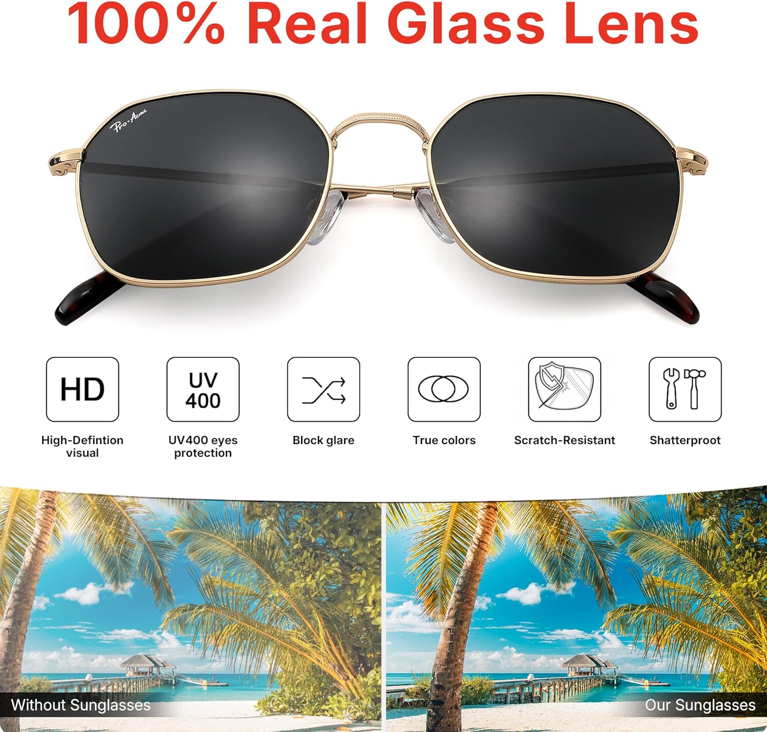 Pro Acme Hexagonal Sunglasses for Women Men, 100% Real Glass Lens Retro Square Trendy Shades - Image 4