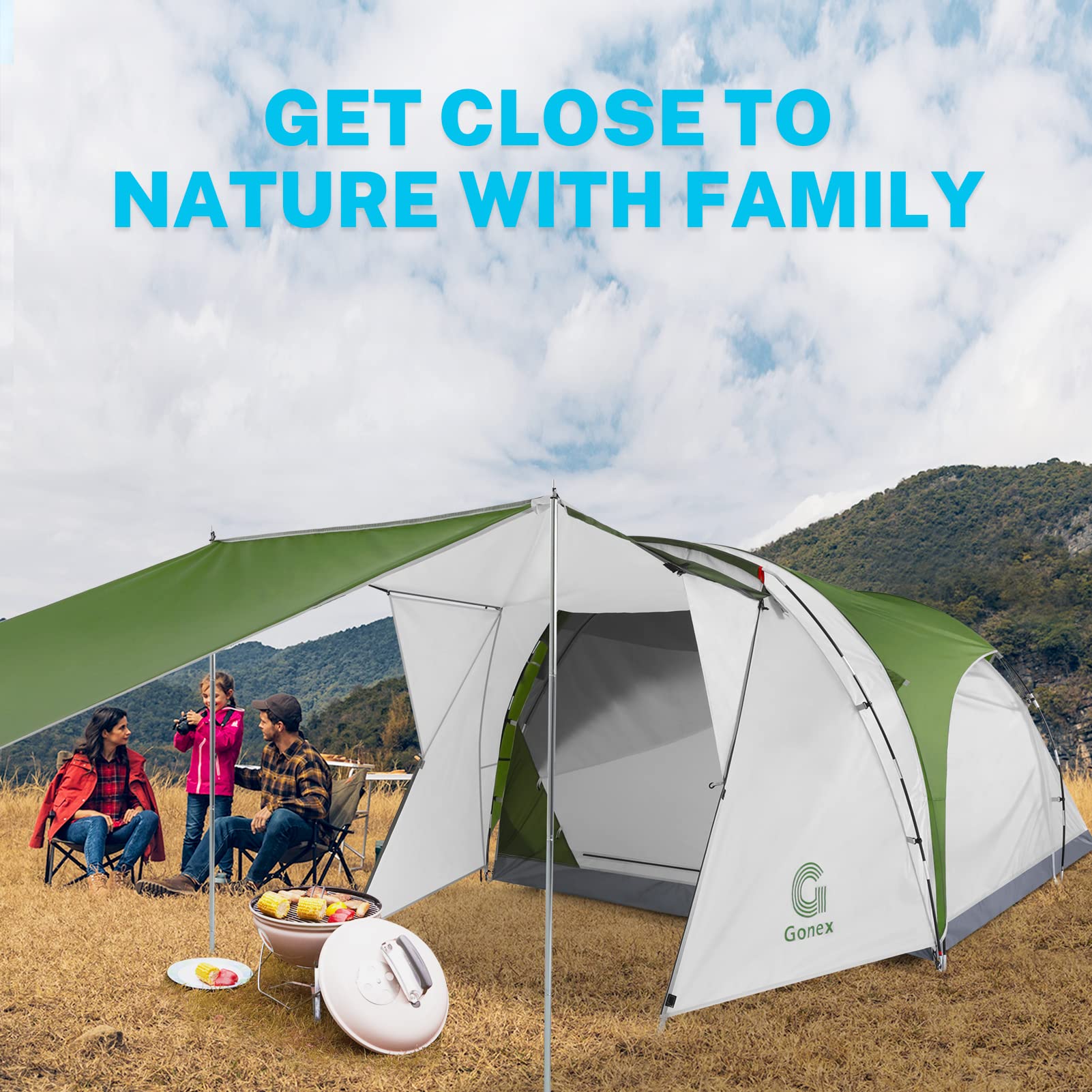 gonex 4 person tent 4/6 Double Layer with Conservatory, 3000mm Waterproof Family Tent Outdoor Tunnel Windproof Sports & Outdoors Farbe:Gelb-Weiß Eurofender Schutzblechstrebe Clip Kunststoff bike riding gear a built‐in chimney opening