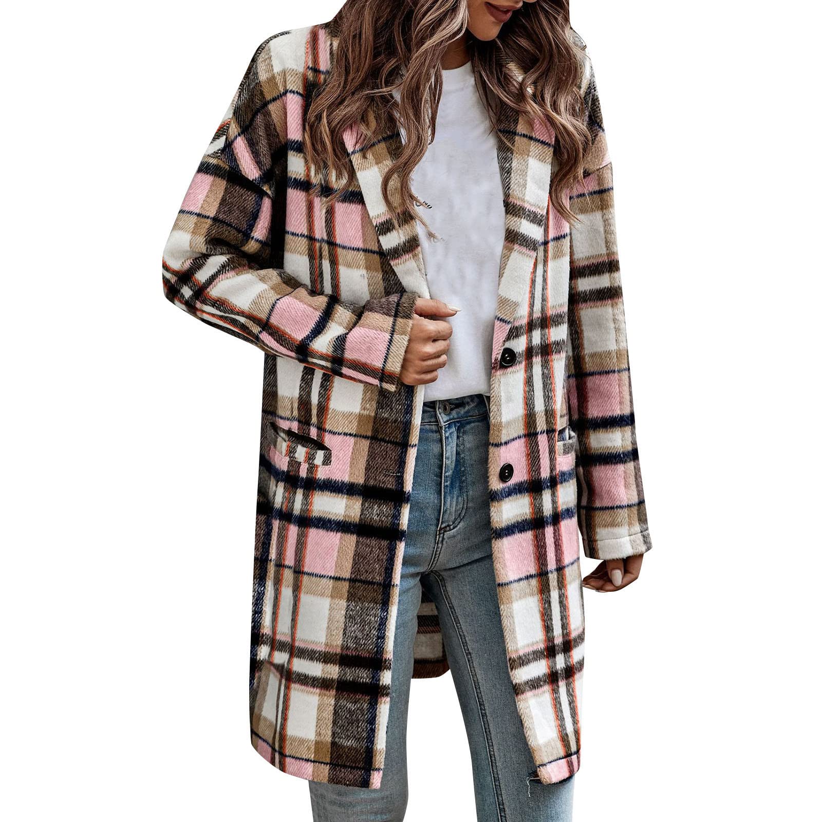 GenericWool Coats For Women Button Up Pea Coats Tweed Coat Oversized Cute Cardigan Fall Winter Long Sleeve Jacket Warm Outwear