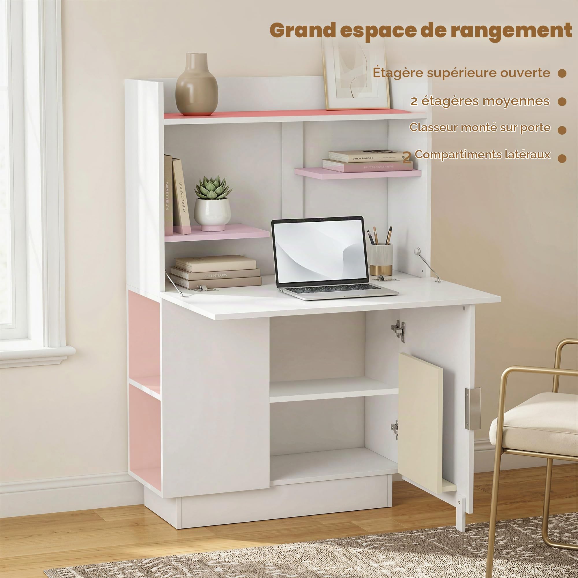 HOMCOM Bureau avec Plateau Pliable 80x30x128 cm Blanc