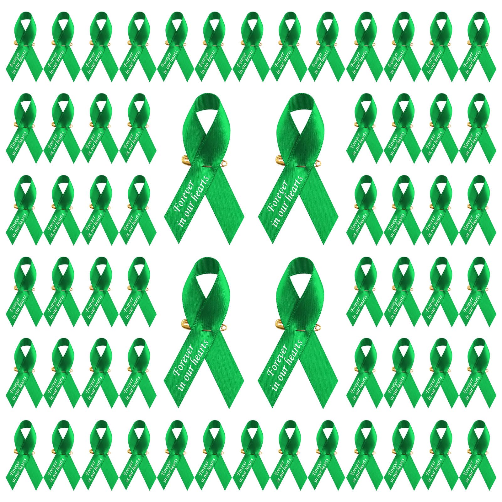 Craffancy Green Wandic 200Pcs Ribbon Pins Mental Health Awareness Badges Liver Cancer Brooch Memorial Ribbon Badges In Forever In Our Hearts For Funeral Mourning Event Bereavement Remembrance