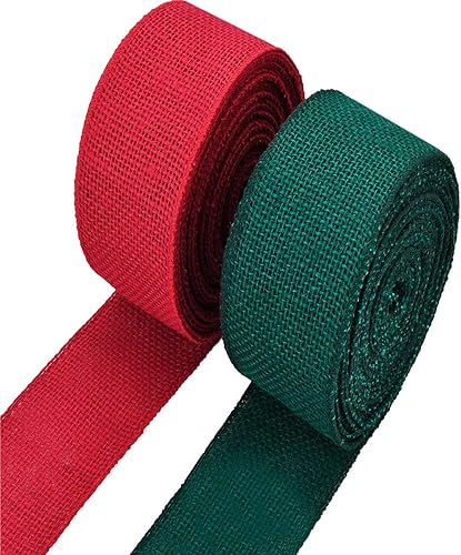 eBoot 2 rollos de cinta de arpillera con alambre natural con borde con alambre para decoración de manualidades de Navidad (rojo y verde, 2.4 x 315
