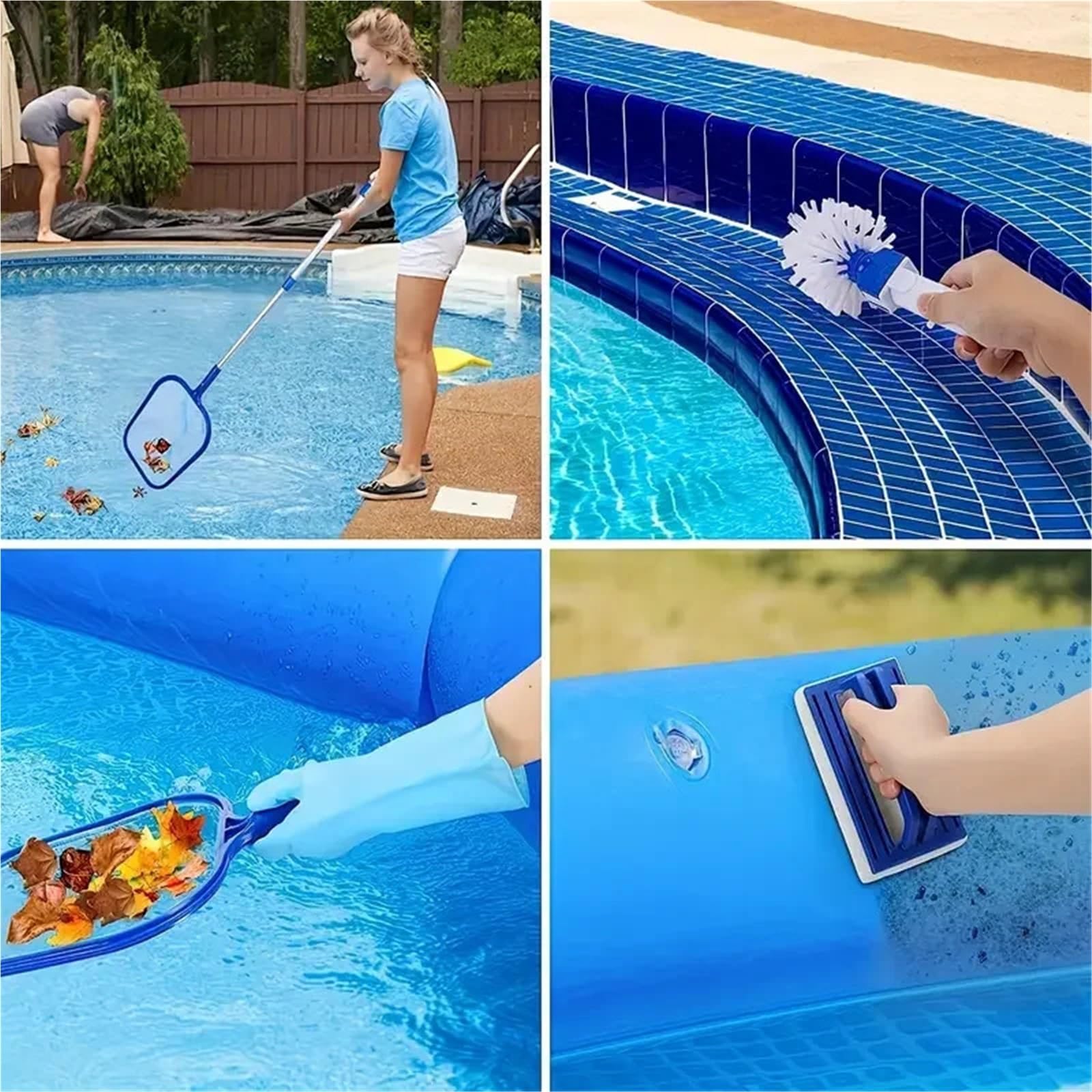 Cepillo De Piscina Kit de Limpieza Piscinas 3 Piezas | Poste de aluminio de 5 secciones con desnatador de hojas y cepillo for piscina