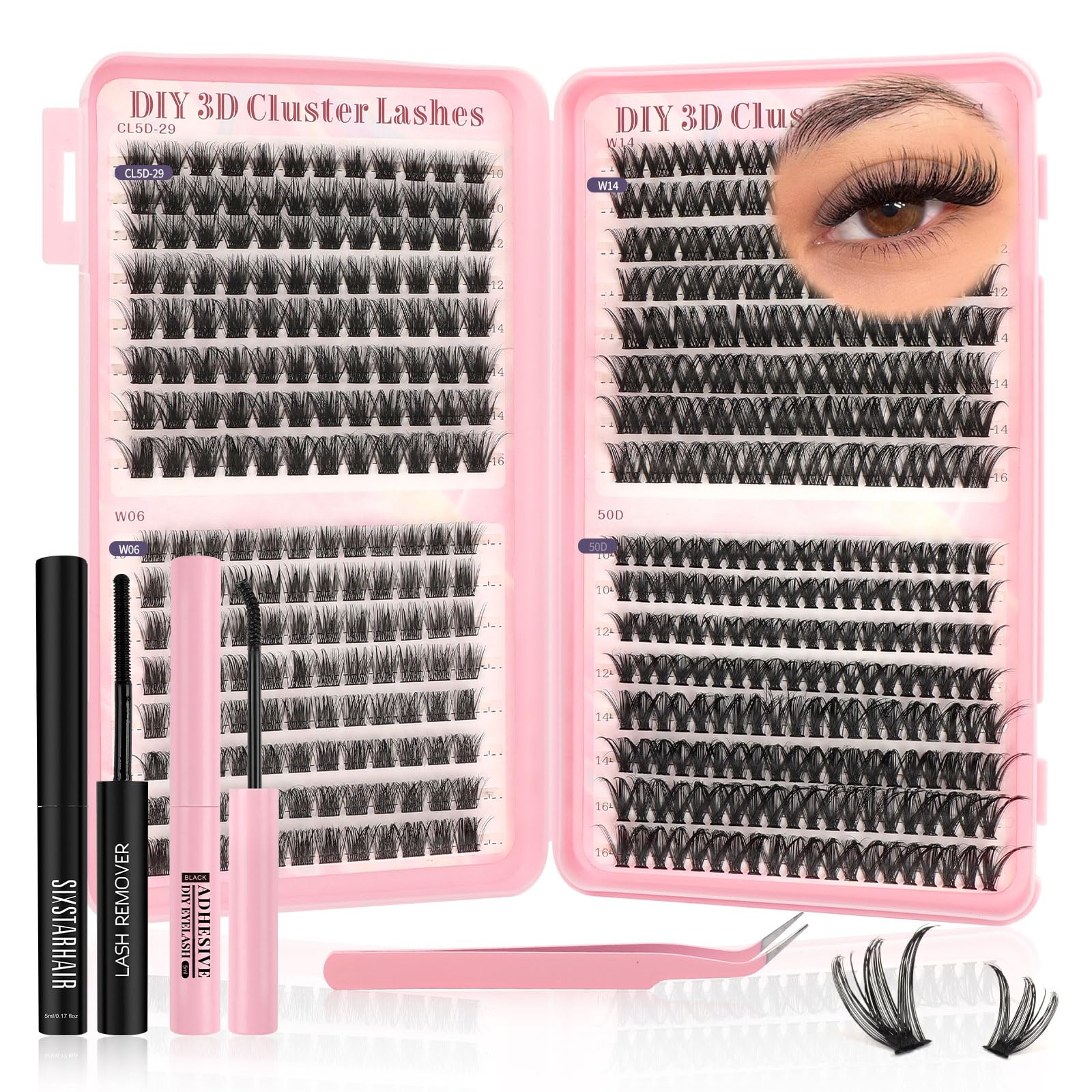 Sixstarhair Lash Extension Set 448Pcs Cluster Wimpern mit Wimpernkleber & Entferner, Lash Tweezers 10-16mm 4 Styles DIY Wimpern Extensions Set