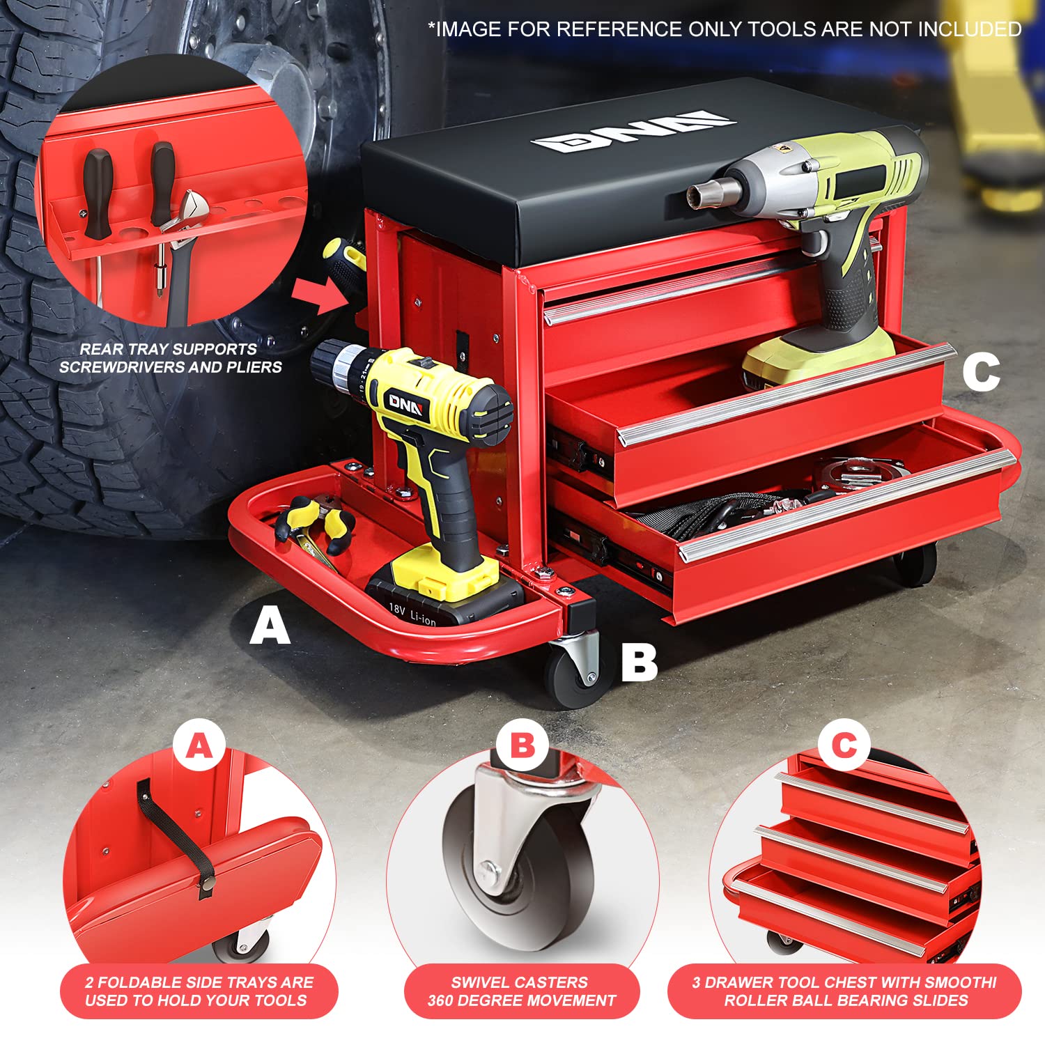 DNA MOTORING TOOLS-00261 Mechanikersitz mit 3 Schubladen, Rollstuhl mit Werkzeugablagen, max. Tragkraft 158,8 kg, Metall, Rot/Ausflug, einfarbig (Getaway Solids)