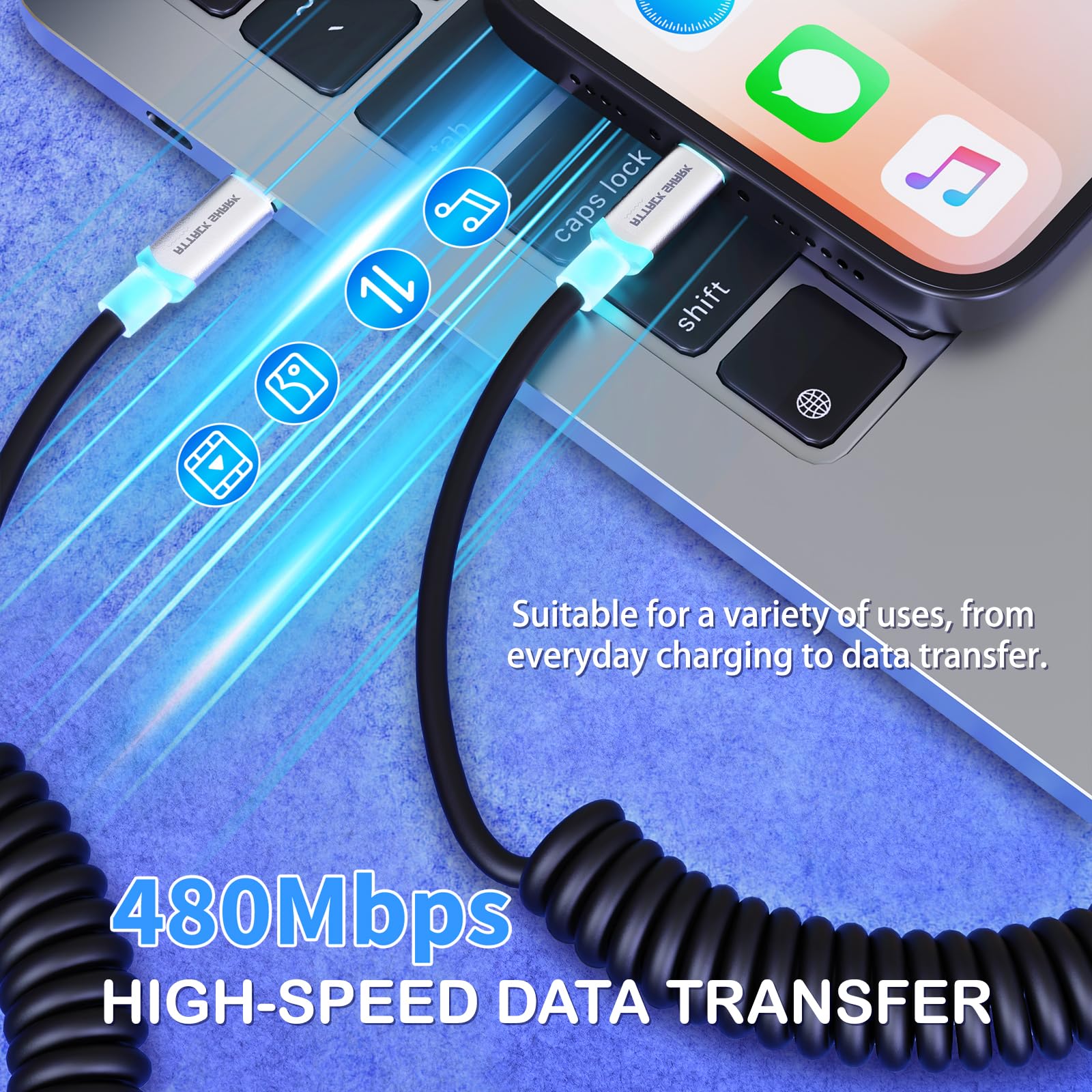 MAMBASNAKE X ATTACK SHARK C08 Kabel Spiralny Klawiatury 2 W 1 Typu C, 8KHz & Szybki Spust, Magnetyczne Światło RGB, Stalowe Złącze Lotnicze, Kabel Danych I Szybkiego Ładowania USB C Do USB A (Czarny)