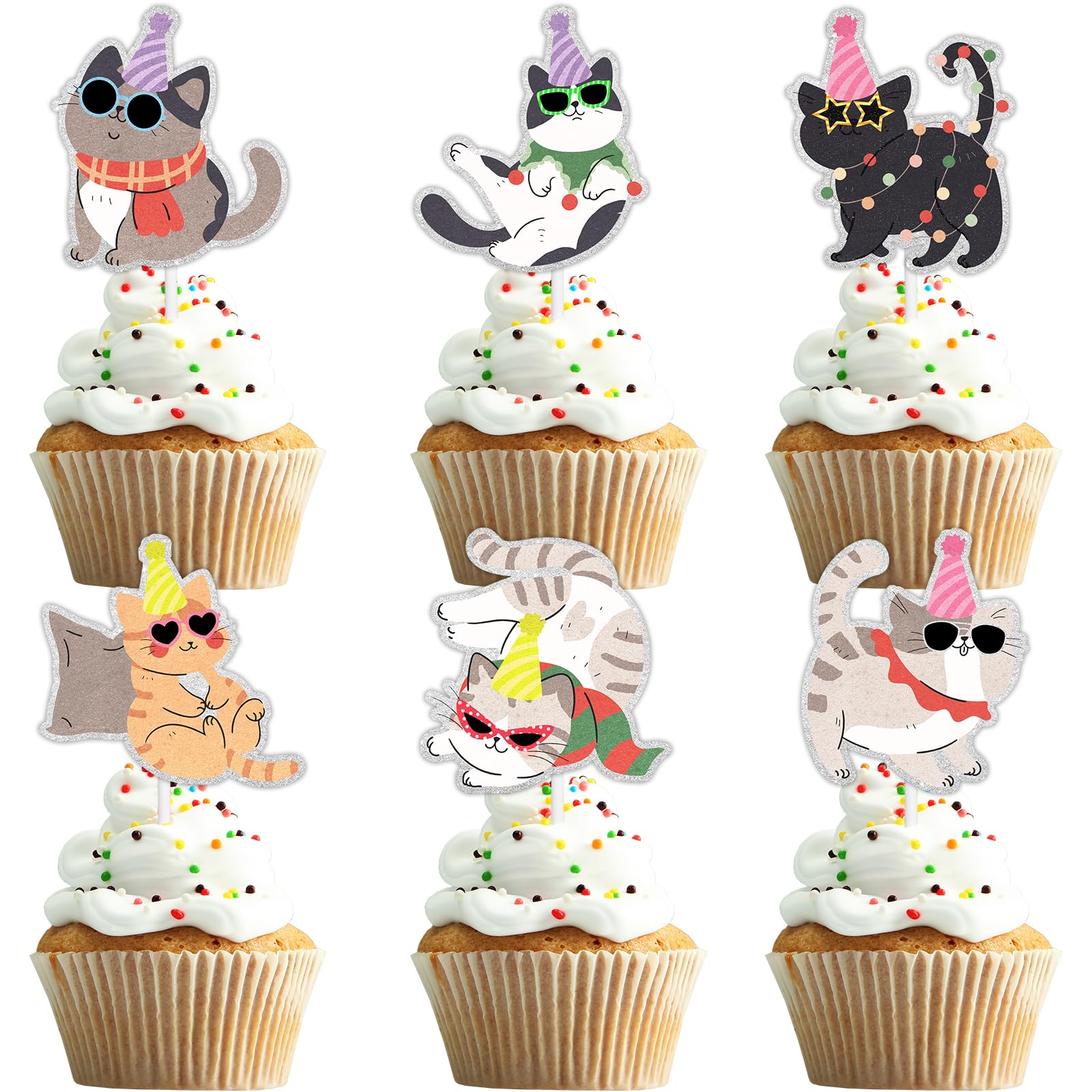 18-Piece Cute Pet Cat Themed Happy Birthday Cupcake Toppers - This is an exquisite pet themed party, baby shower party, birthday party cake decoration