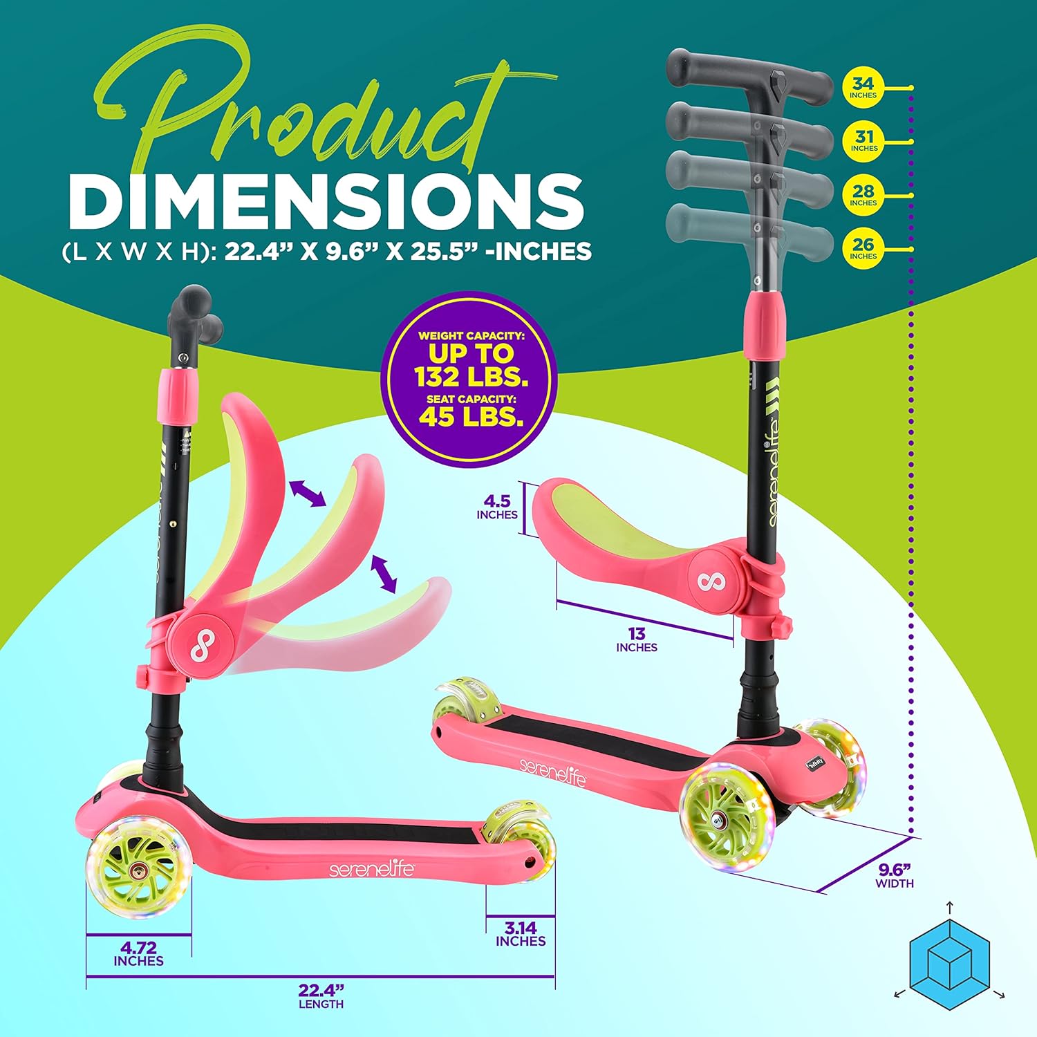 Serenelife 3 Wheeled Scooter for Kids - 2-in-1 Sit/Stand Child Toddlers Toy Kick Scooters w/ Flip-Out Seat, Adjustable Height, Wide Deck, Flashing Wheel Lights for Outdoor Fun - SLKS39 (Watermelon)