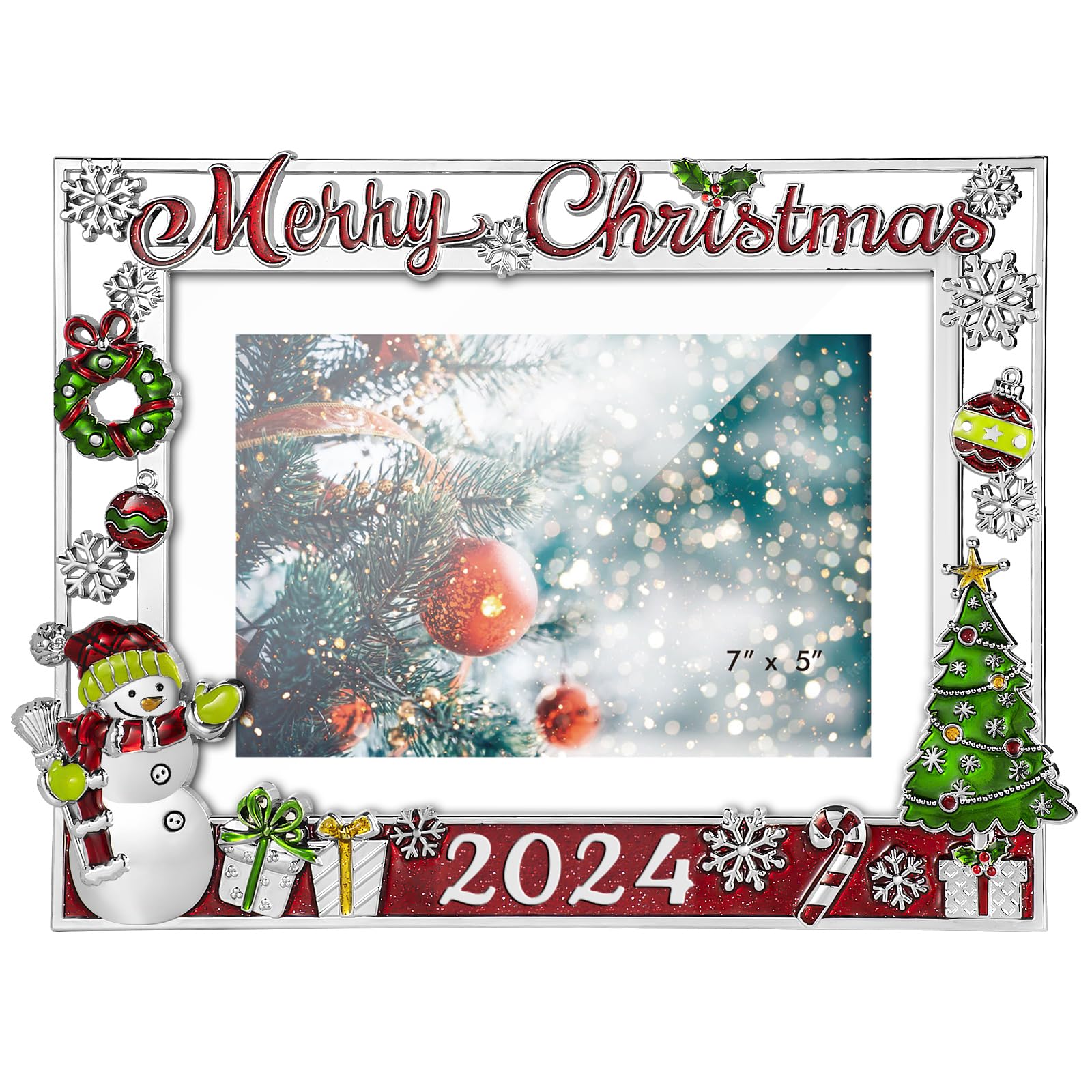 2024 Christmas Decorations Picture Frame 5x7 Snowflake Christmas Metal Photo Display Photo Frames with High Definition Glass Front Gift Ideas Tabletop Home Decorative (Snowman 2024)