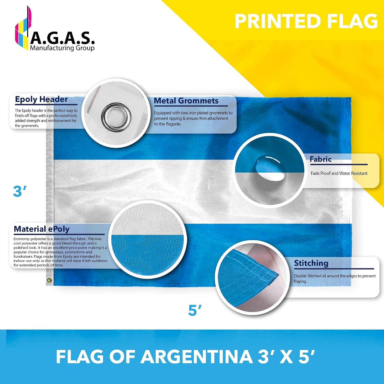 AGAS Argentina Flag - 3x5 ft - Printed Single Sided on Polyester - Stitched Edges - Polyester Header Iron Plated Grommets - Outdoor Long Lasting All Weather Flag - AR National Flag - Bandera de la Argentina La Bandera.