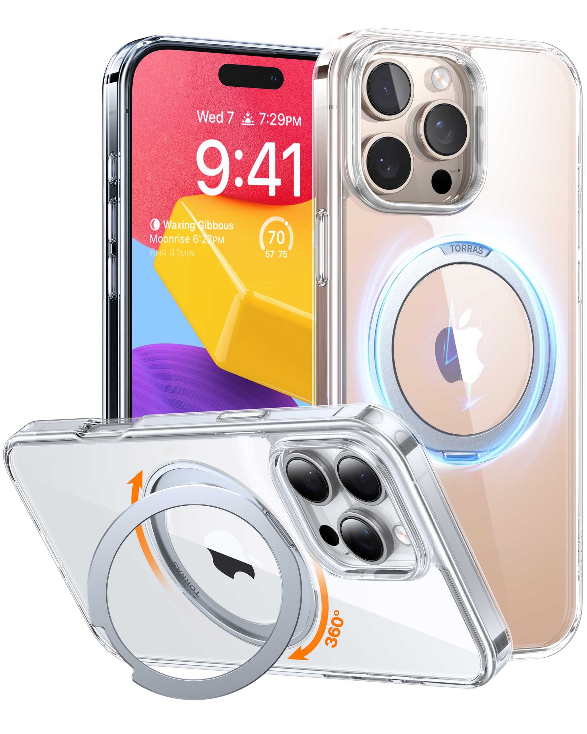 TORRAS 360°Rotatable Magnetic Ring for iPhone 16 Pro Max Case, Fit for MagSafe with Stand & Ring Holder, 16FT Military Grade Shockproof Translucent Back for iPhone 16 Pro Max, Clear iPhone 16 Pro Max Clear