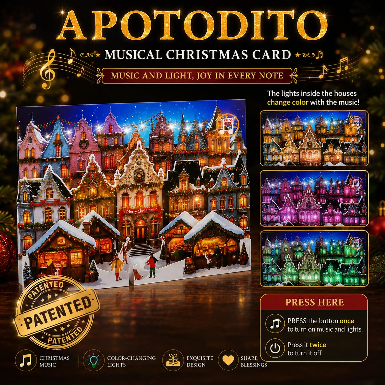APOTODITO Pop Up Weihnachtskarten mit Licht und Musik, Lustige Weihnachtskarte, Weihnachtsgeschenke für Frauen Männer Weihnachten Silvester Neujahr