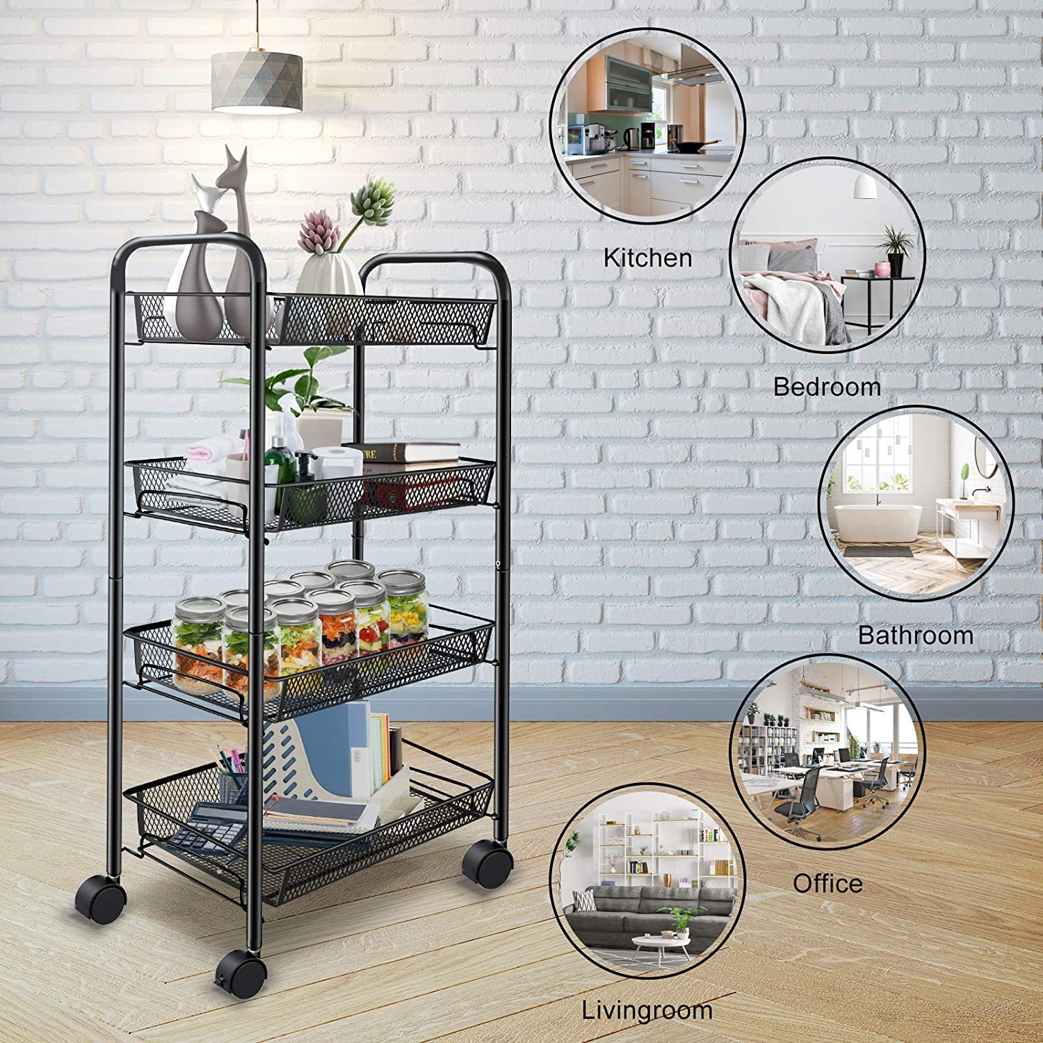 SIMPLI-Magic Carrito de Almacenamiento de 4 Niveles con cestas fijas, Metal, básico
