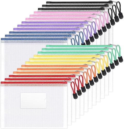 Miniatura 21 de Sooez Paquete de 24 bolsas de malla con cremallera y bolsillo para etiquetas, tamaño A6 (9.1 x 4.7 pulgadas), estuche pequeño para lápices, bolsas