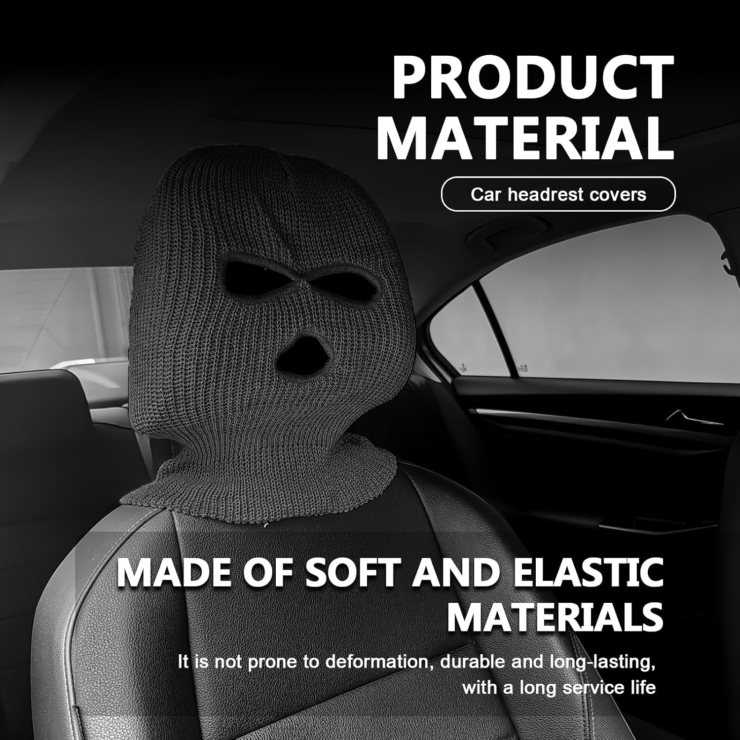 2PCS Funny Car Headrest Cover, Personalized Ski Mask Car Headrest Covers, Full Face Mask Protector & Decoration for Auto Front Seats - Spoof Face, Soft, Breathable Fabric for Most Cars, SUVs (Black) image 3