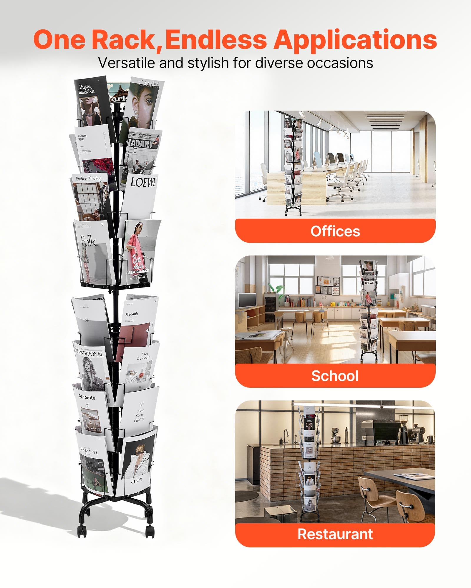 VEVOR Supporto Portariviste da Pavimento Girevole per Brochure e Cartoline con 32 Tasche, Espositore Girevole a 360° con 4 Ruote, Espositore da Terra per Brochure per Mostre, Uffici e Fiere