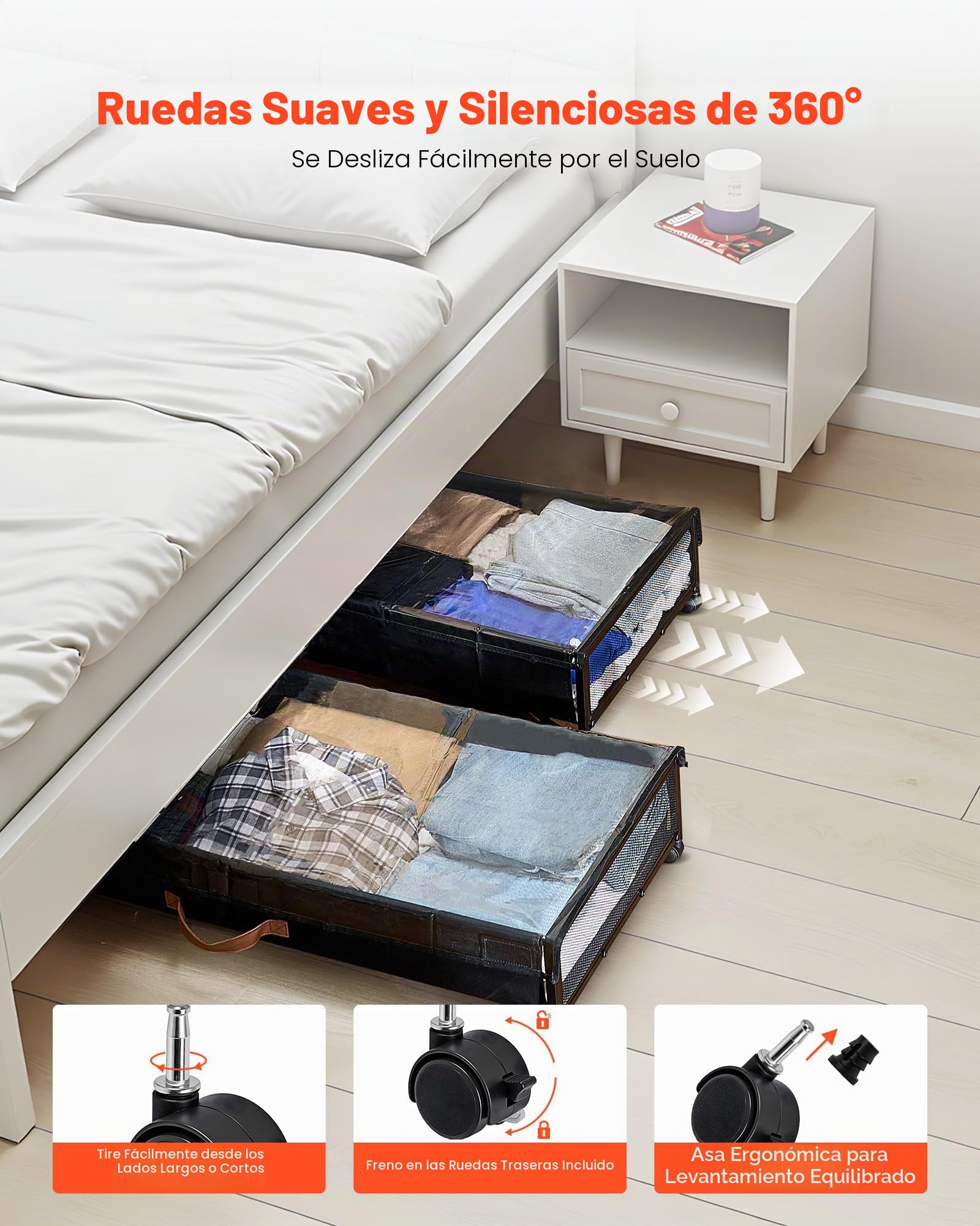 VEVOR Contenedor de Almacenaje para Debajo de Cama con Ruedas 91,5 x 46 x 18,5 cm 2 Piezas Bolsa Bajo Cama con Tapa Transparente Organizador de Ropa, Zapatos, Mantas para Dormitorios, Salas de Estar