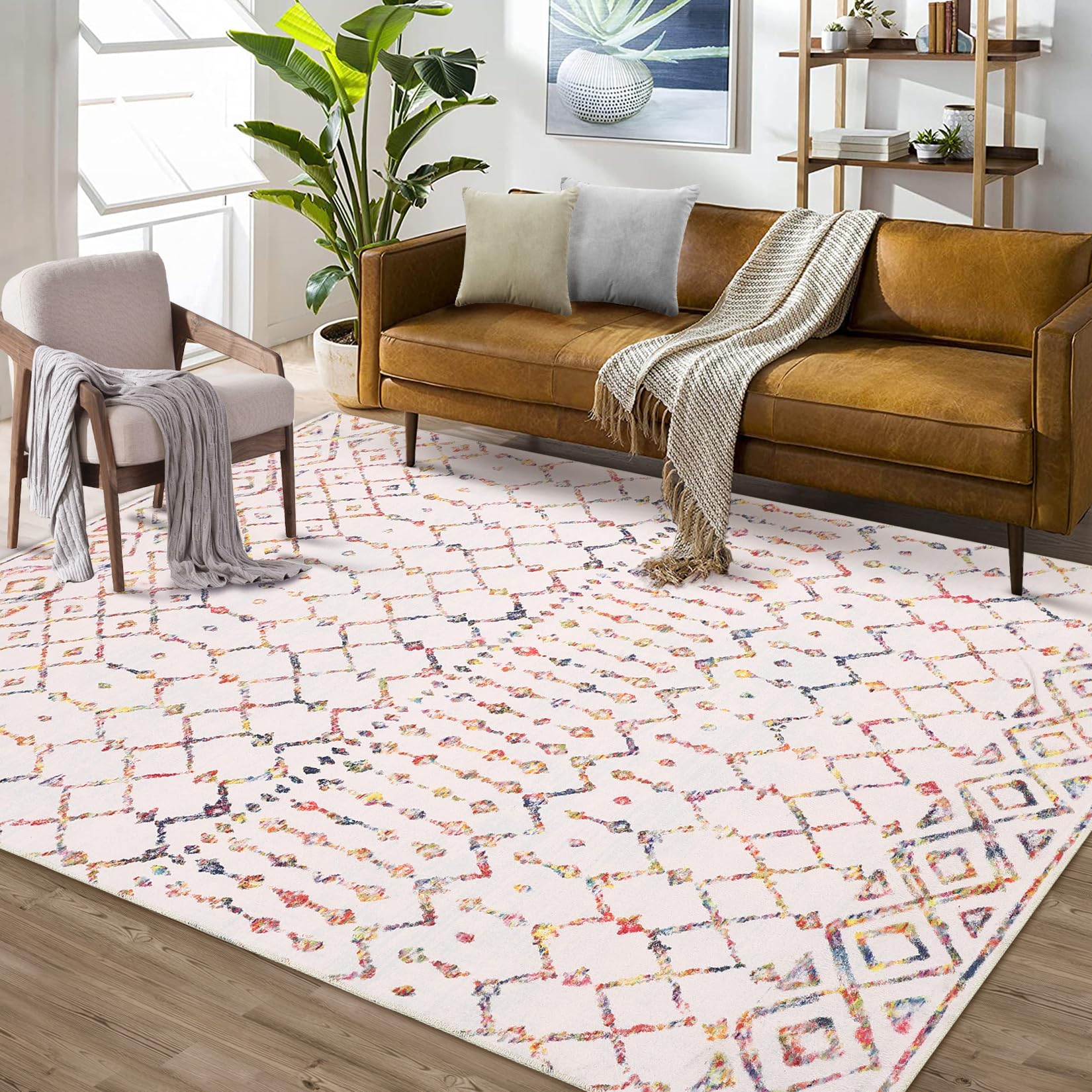 LuxFocus Machine Washable Area Rug Boho Area Rug Non-Slip Short Pile Carpet for Living Room Bedroom Modern Geometric Rugs Floor Mat 120x170 cm Multicolour